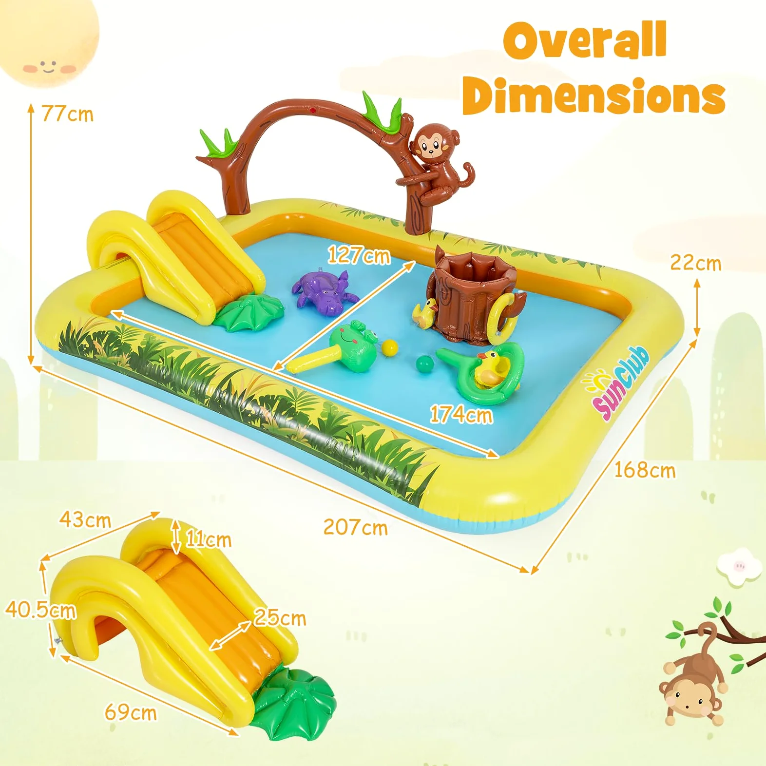 FANTASK Aire de Jeux Gonflable, Centre de Jeu Aquatique Jungle Adventure avec Toboggan, pataugeoire, Singe, arroseur et souche d'arbre, Piscine pour Enfants avec Accessoires, Parc Aquatique pour