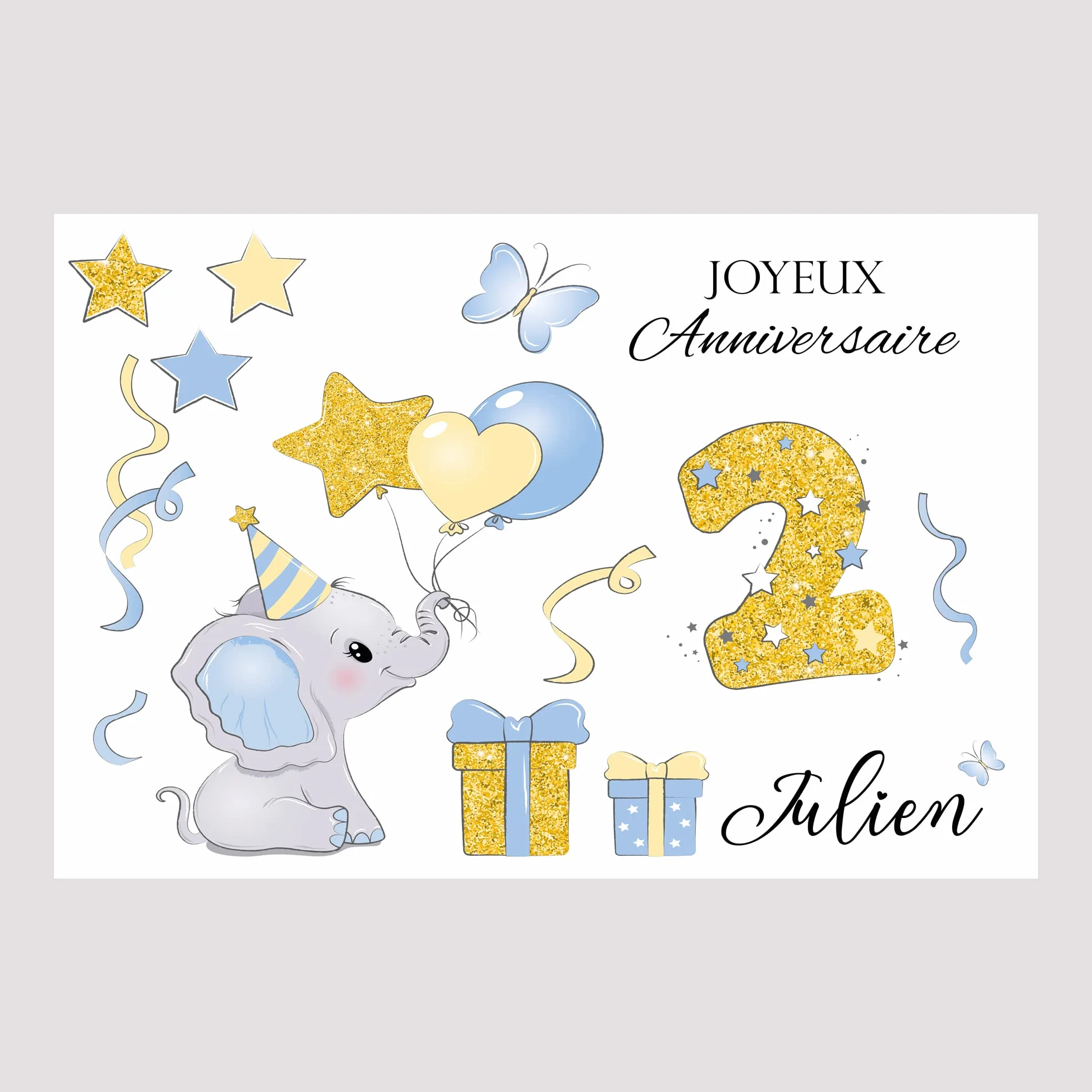 Carte joyeux anniversaire Eléphant garçon fille 1-3 ans personnaliser prénom âge papier glacé enveloppe