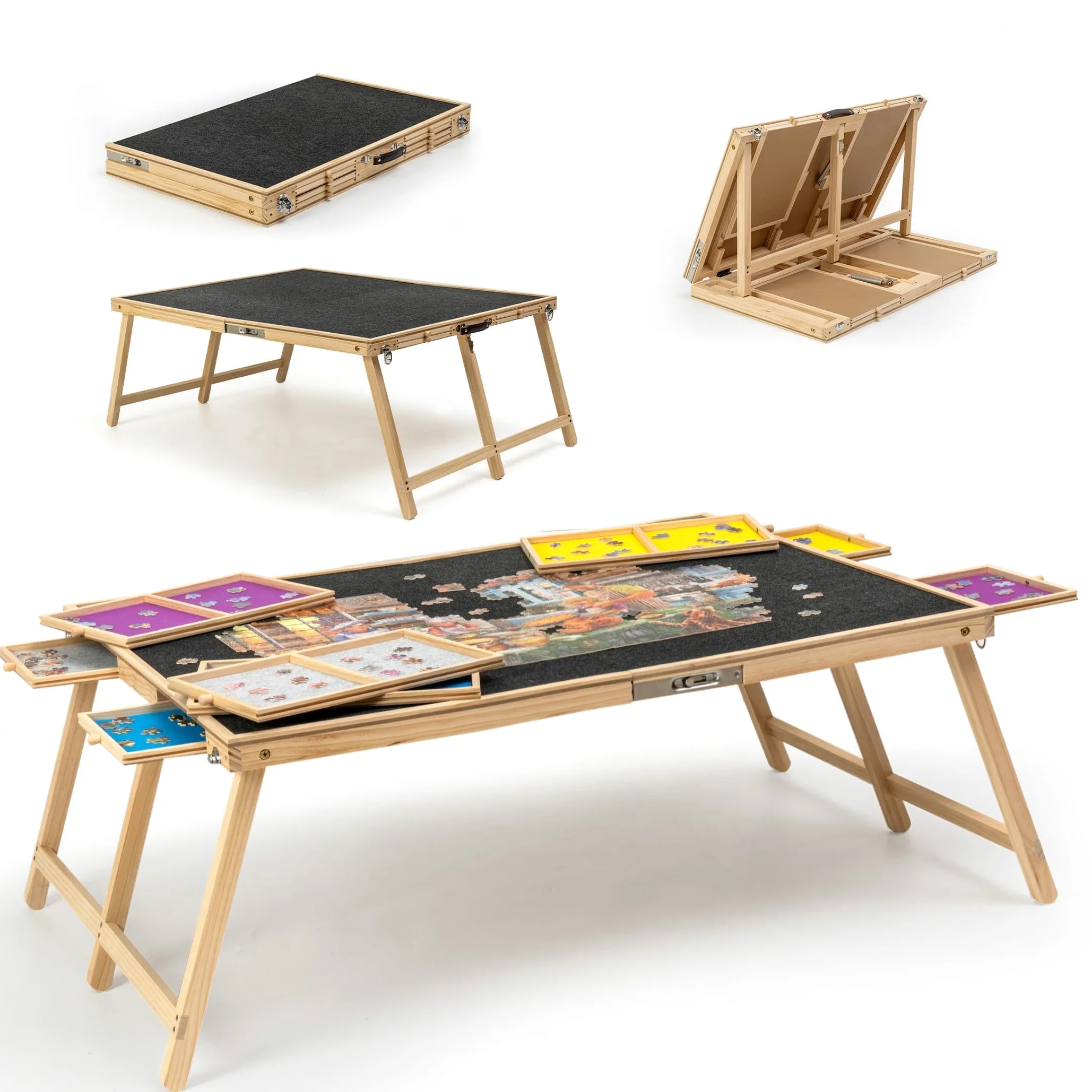 Tektalk Planche à Puzzle Pliable de 2 000 pièces avec Couvercle, Table de Puzzle en Bois avec 8 tiroirs, chevalet de Puzzle Portable avec Pieds pliants, Tables de Puzzle Portables pour Adultes et