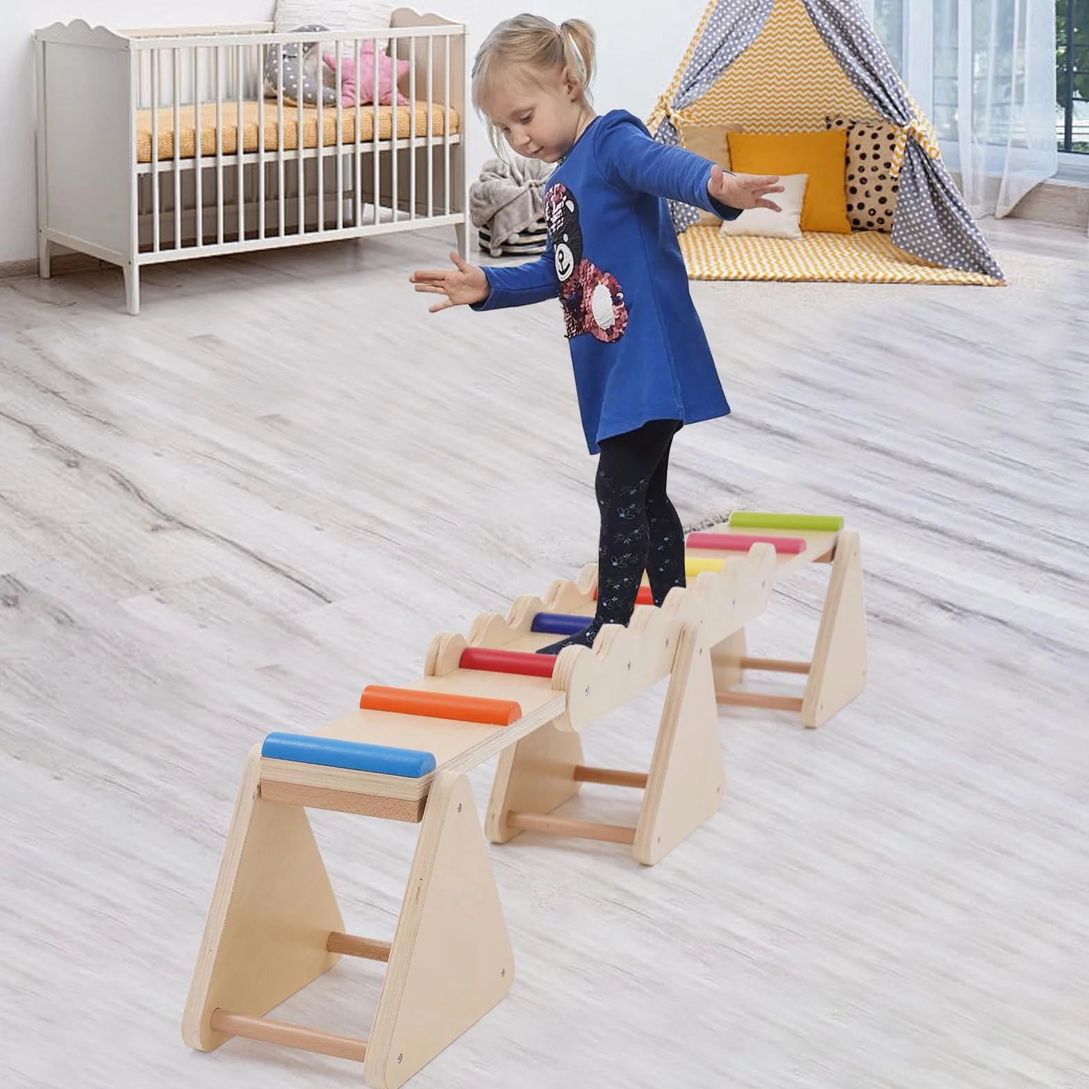 Poutre d'équilibre 2 en 1 en bois pour enfants, bascule et balançoire intérieur extérieur