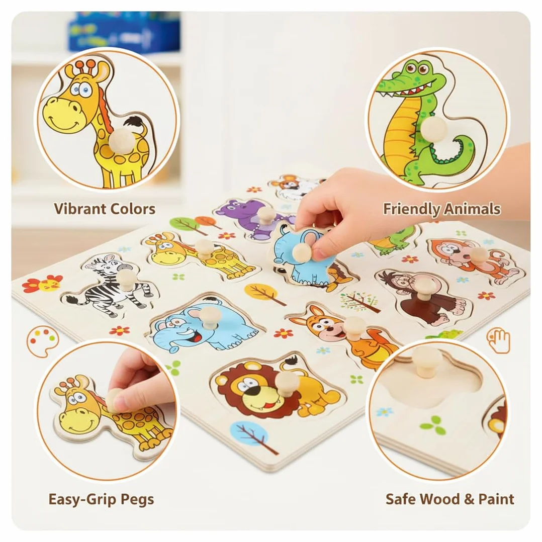 Puzzle en Bois Jouet Éducatif Animaux de la Jungle pour Enfants 1-3 Ans