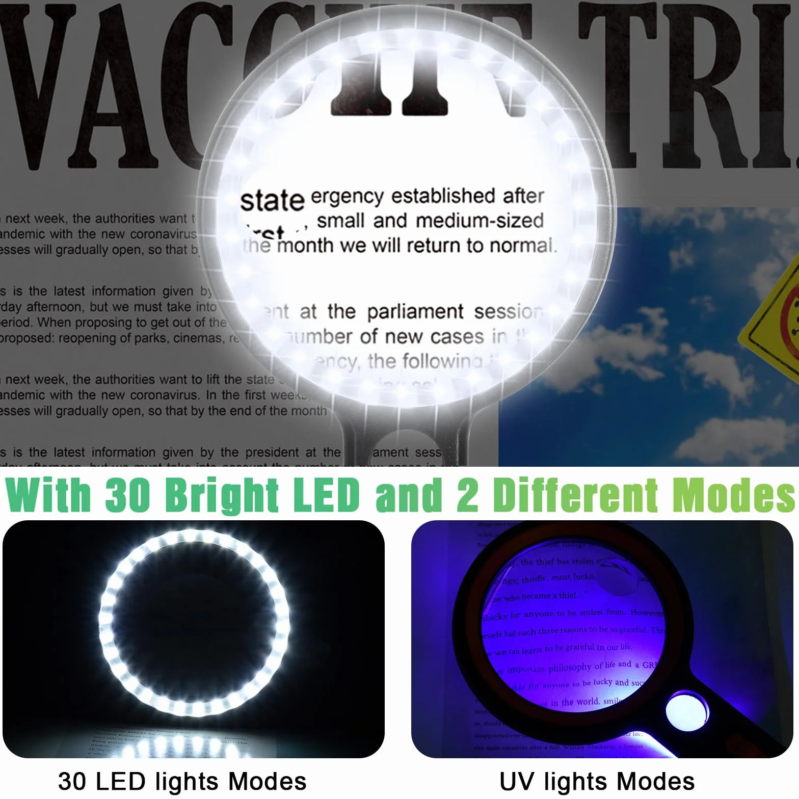 Loupe de Lecture 30X 45X 60X avec 30 Lumières LED, 2 Modes d'Éclairage pour Seniors, Malvoyant