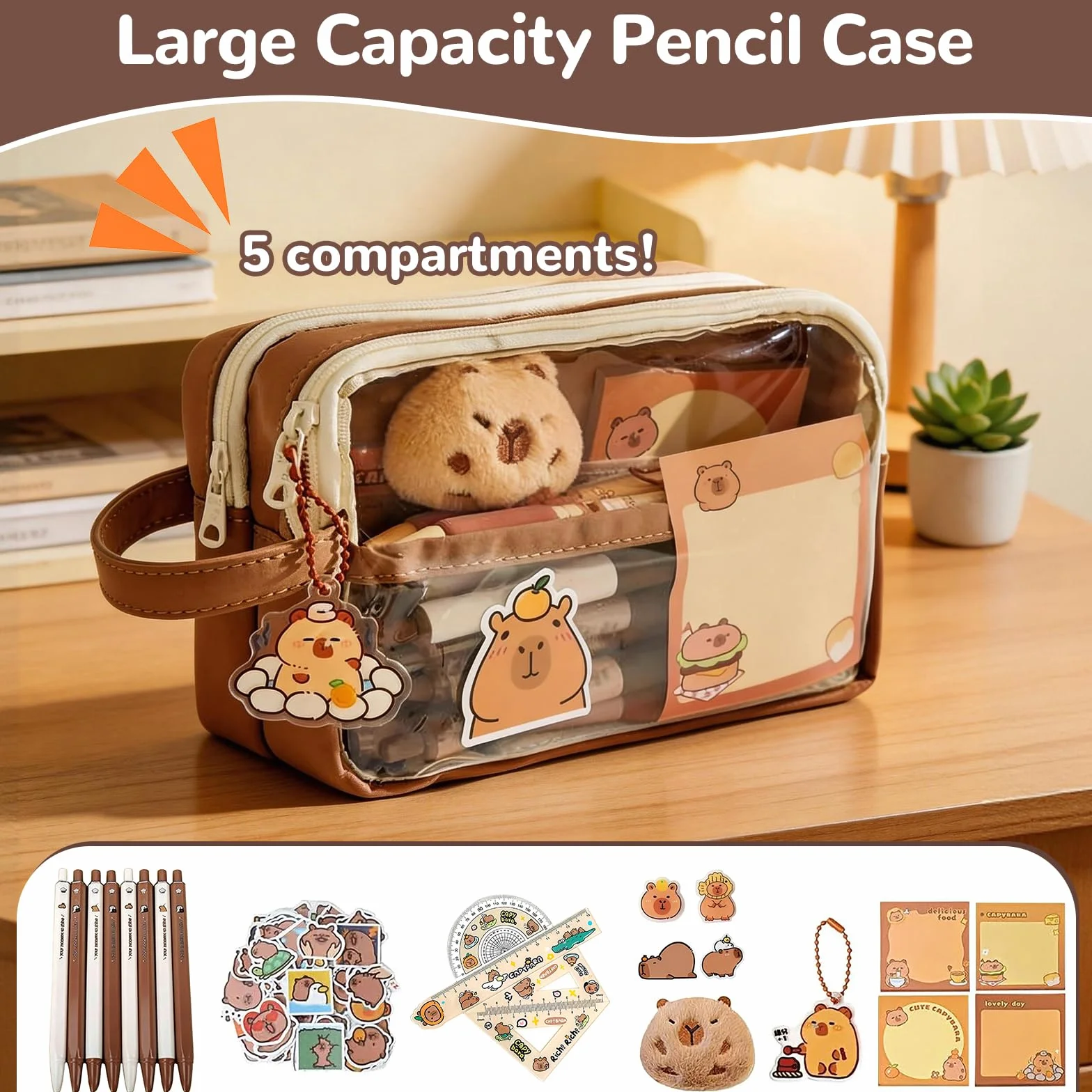 Trousse Capybara Kawaii Ensemble Papeterie avec Stylo Règle Autocollants Pins Porte-clés Blocs-Notes Grande Capacité Bureau École