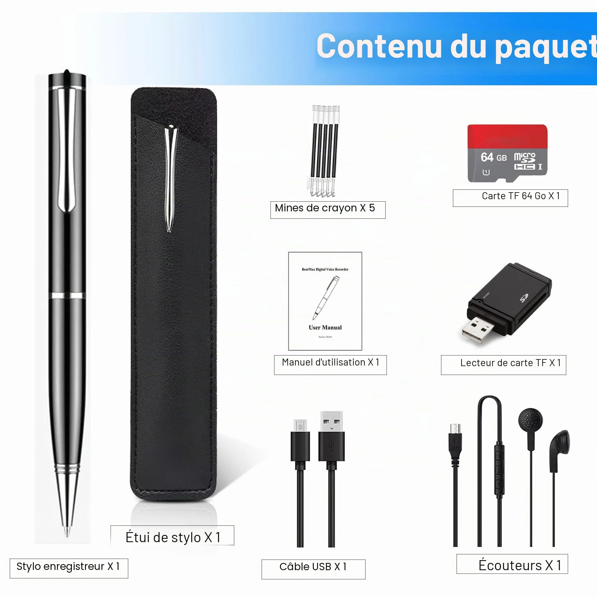Enregistreur Vocal Numérique AI 64G avec Réduction du Bruit, Lecteur MP3 Intelligent pour Réunion, Cours, Conférences