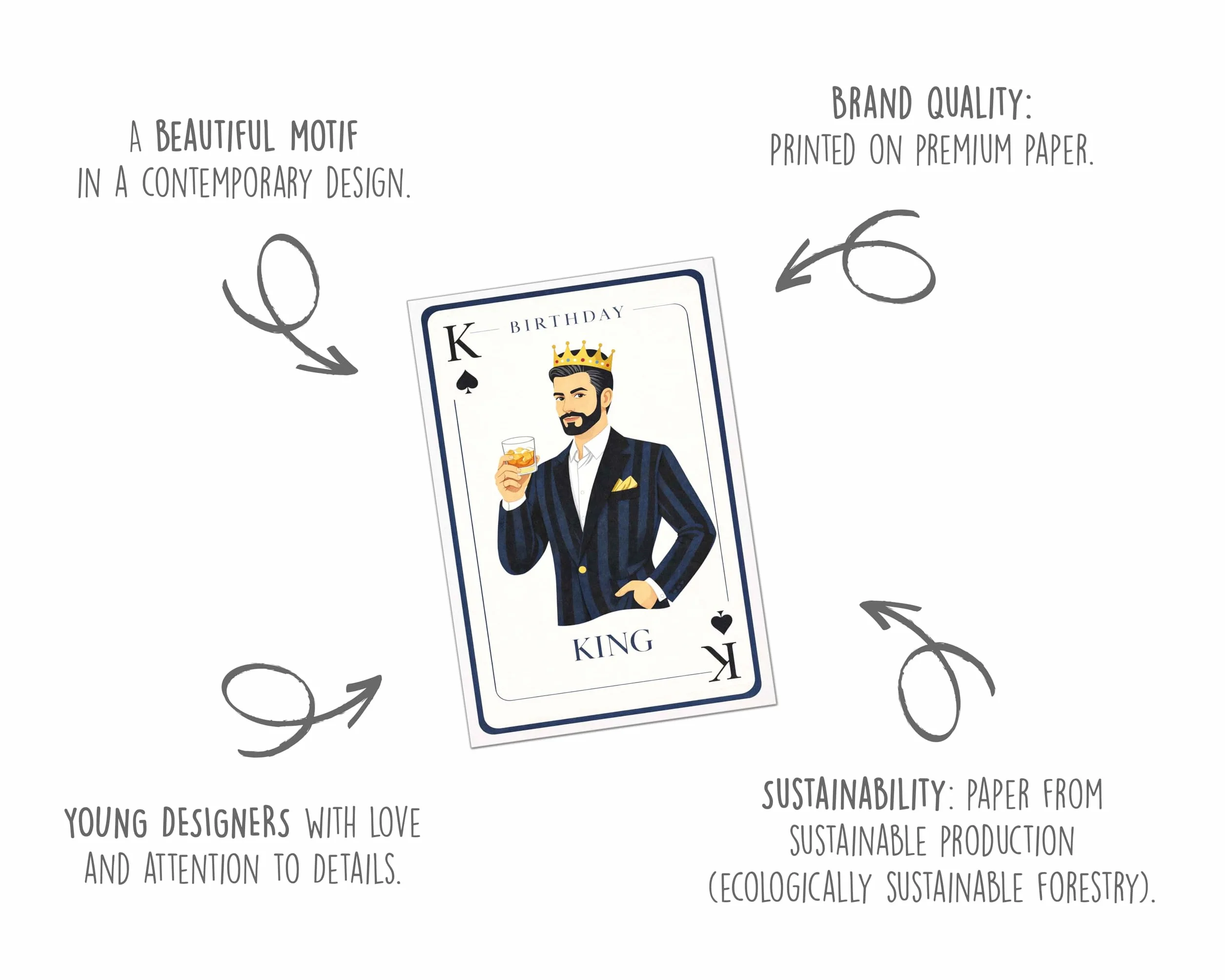 Edition Seidel Carte d'anniversaire avec enveloppe Happy Birthday pour homme ami king couronne drink elegant
