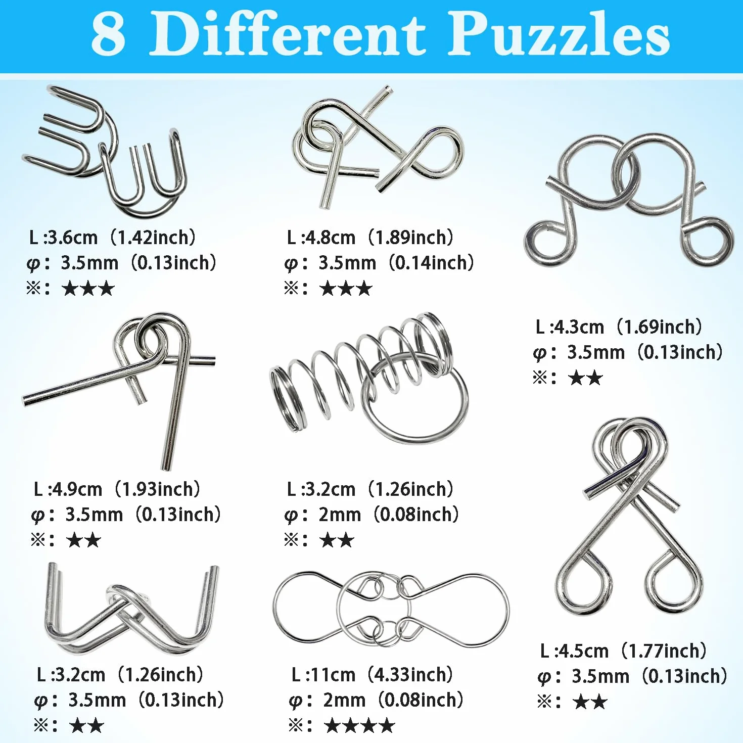 Métal Brain Teaser Puzzle, 8 Pièces Casse Tête Metallique IQ Test Disentanglement Jeu Educatif Cadeau