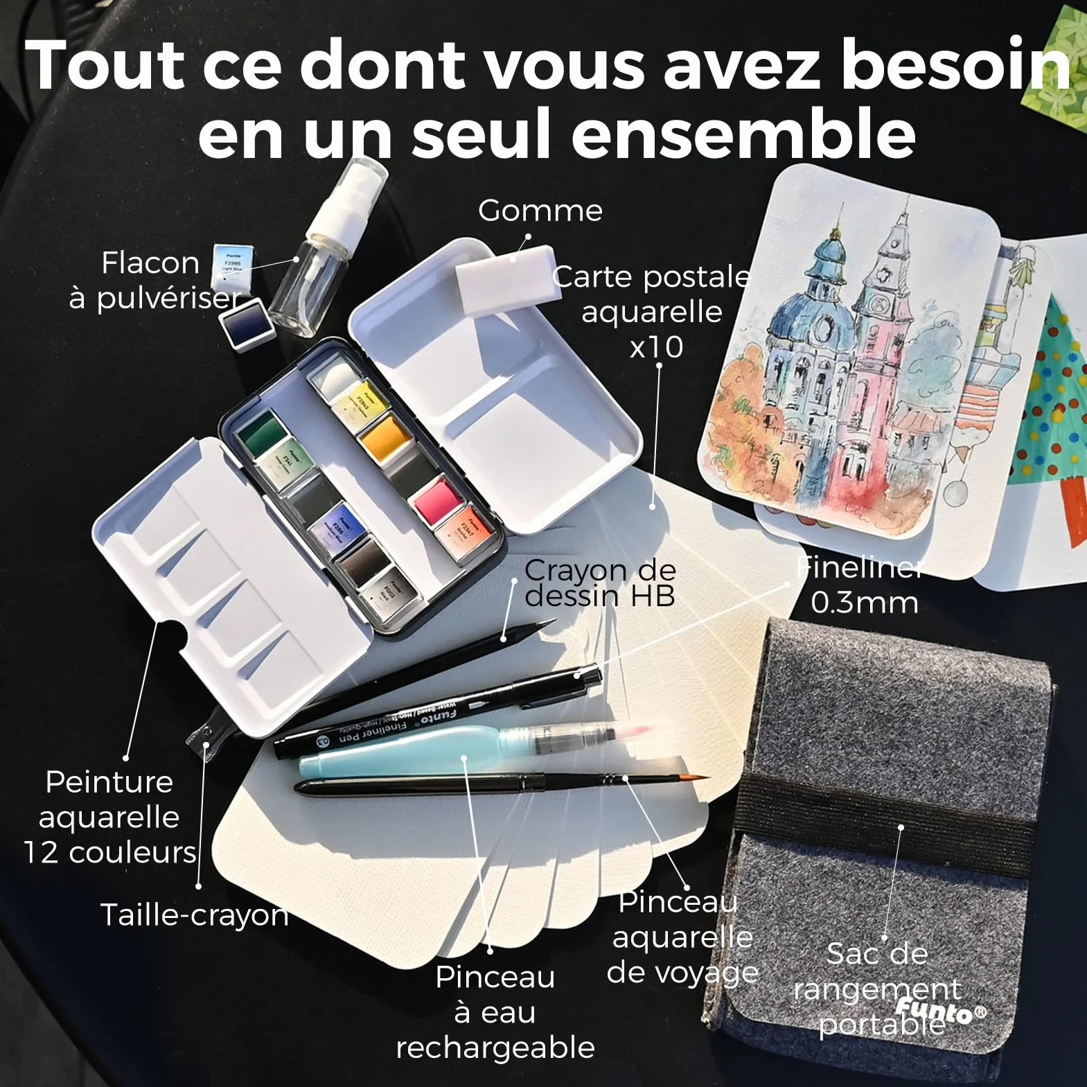 Set de voyage à l'aquarelle Funto 12 couleurs, 10 cartes postales, pinceau, stylo, crayon pour adultes