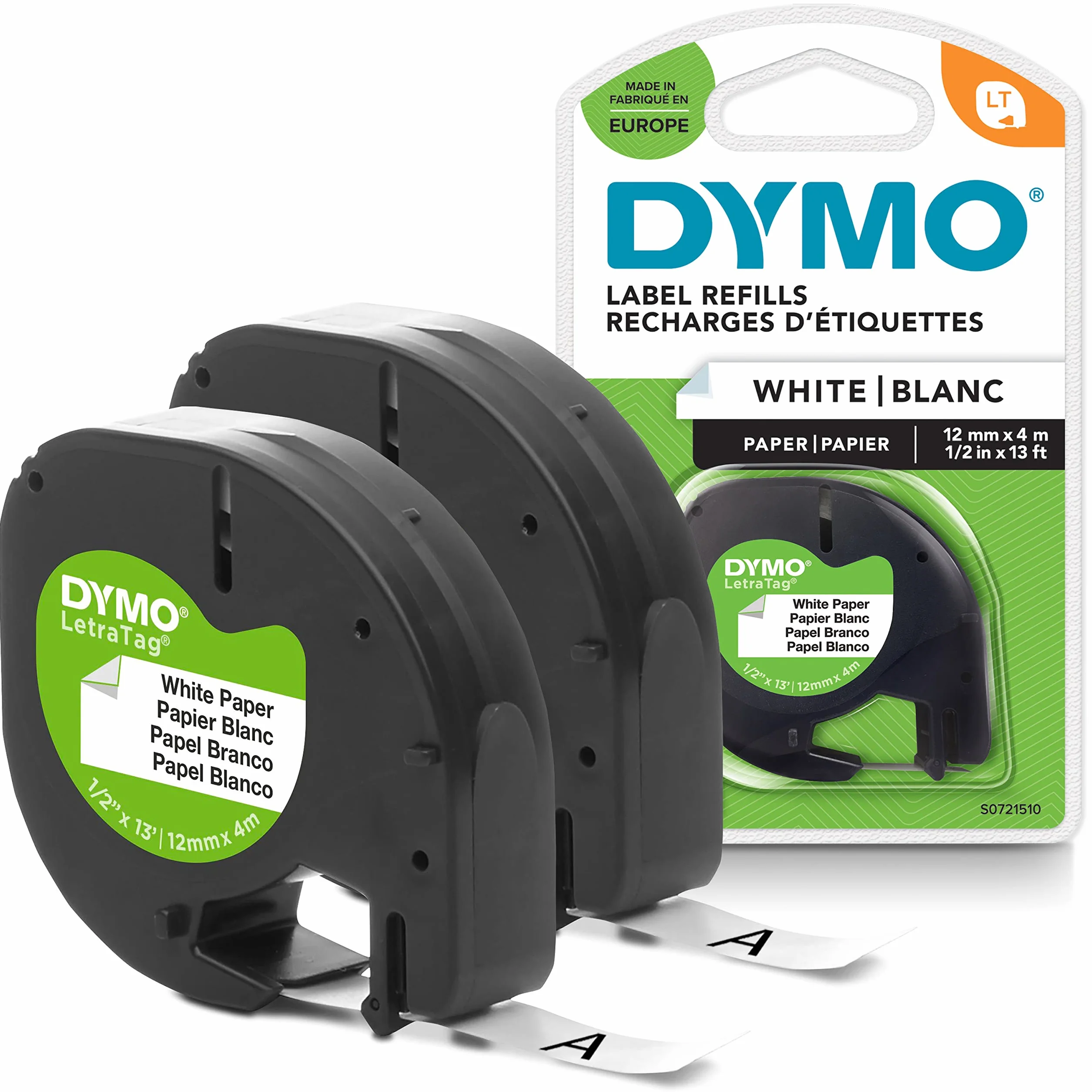 DYMO LetraTag Étiquettes en Papier Authentique 12 mm x 4 m Noir sur Blanc 2 rouleaux
