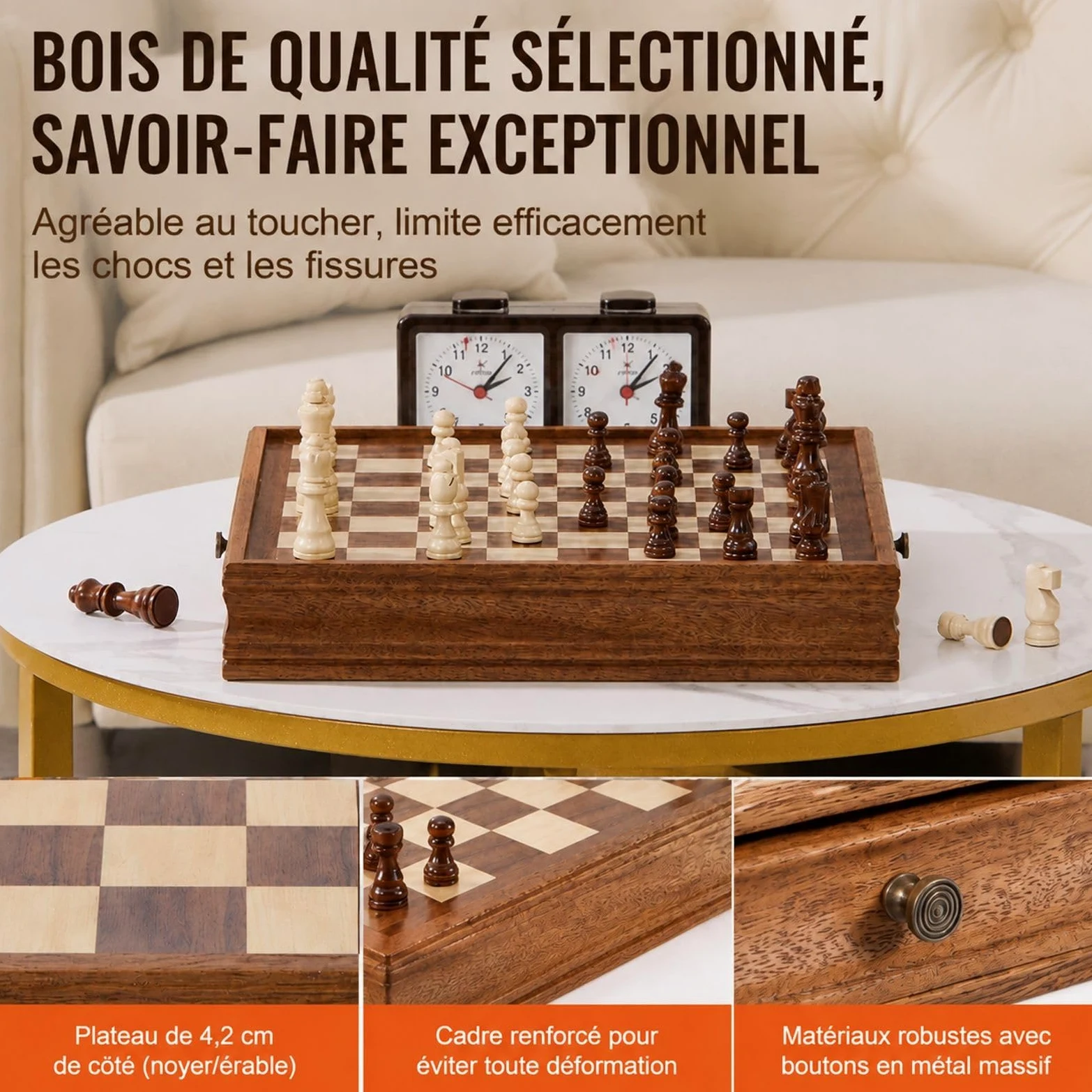 Jeu d'échecs et de Dames 2 en 1 en Bois avec tiroir de Rangement, pièces lestées et 2 Reines