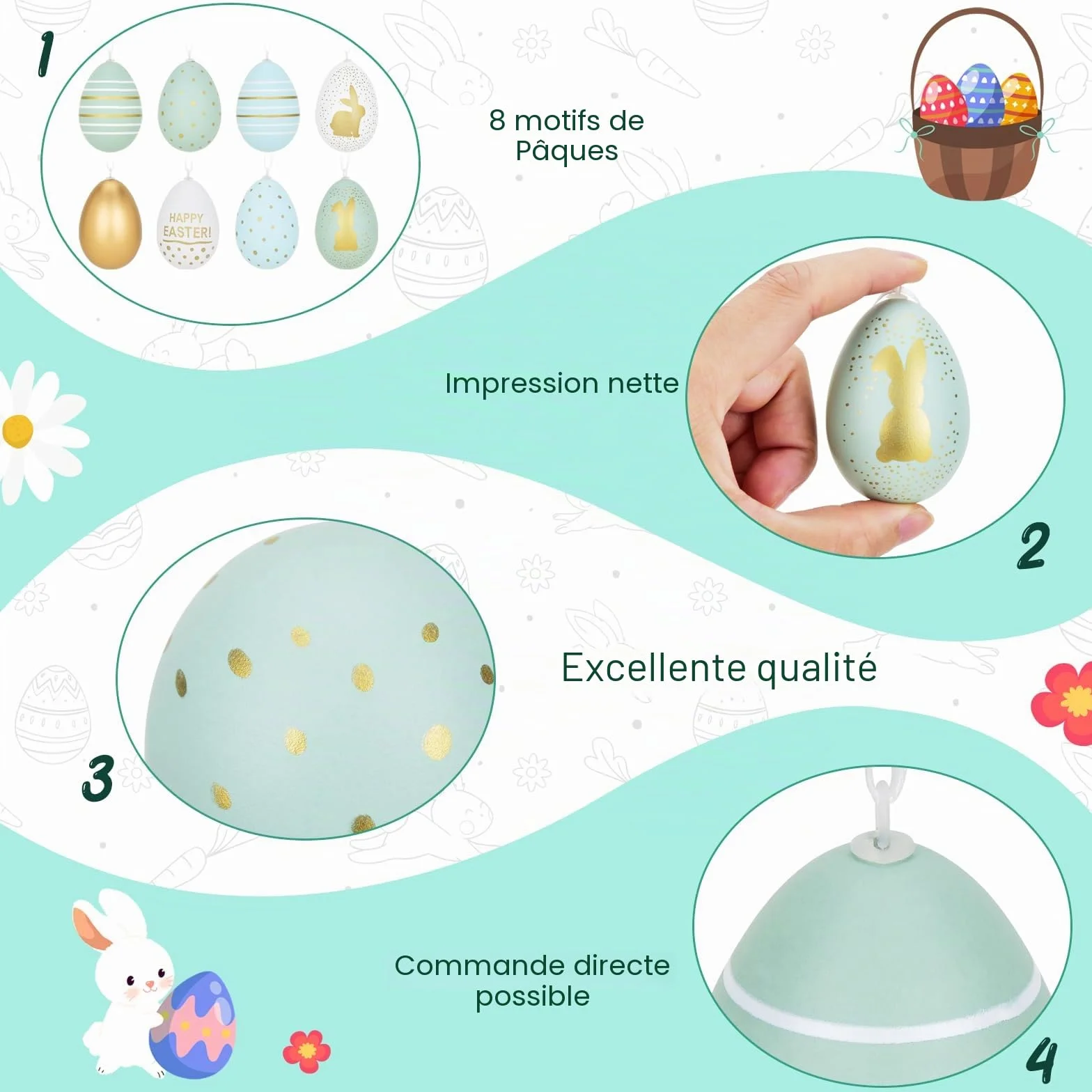 Œufs de Pâques en plastique 6 cm x 4 cm Lot de 24, or bleu clair vert clair blanc 7 designs