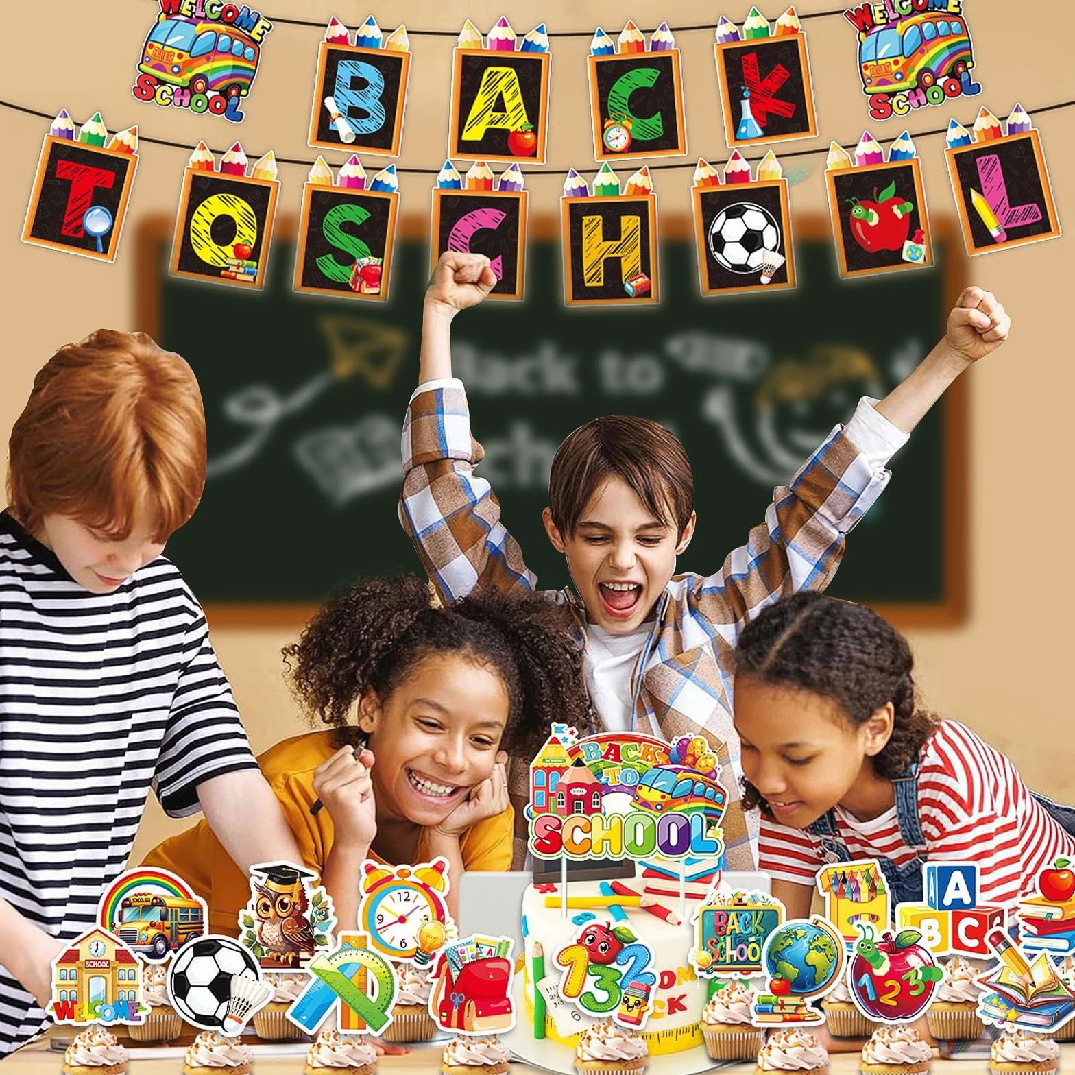 Décorations de Rentrée Scolaire Bannière de Classe 16 pièces Deco Cupcake Premier Jour d'École