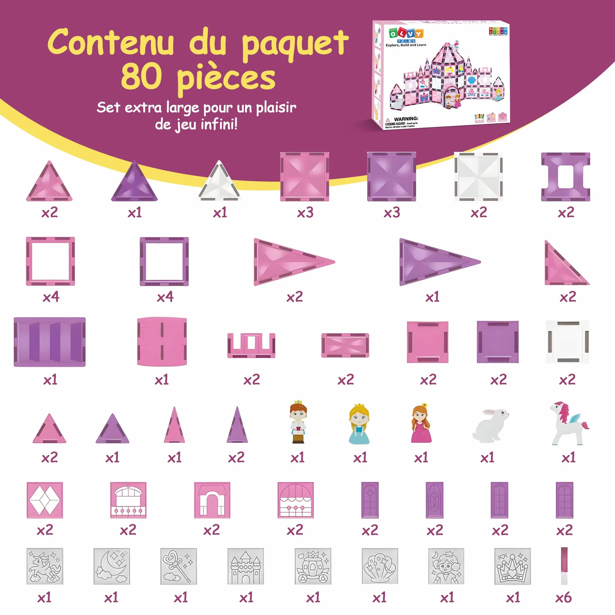 Olvy Blocs de Construction magnétiques Montessori Jouet Montessori en tuiles magnétiques Jouet de Construction magnétique 3 Ans Princesse