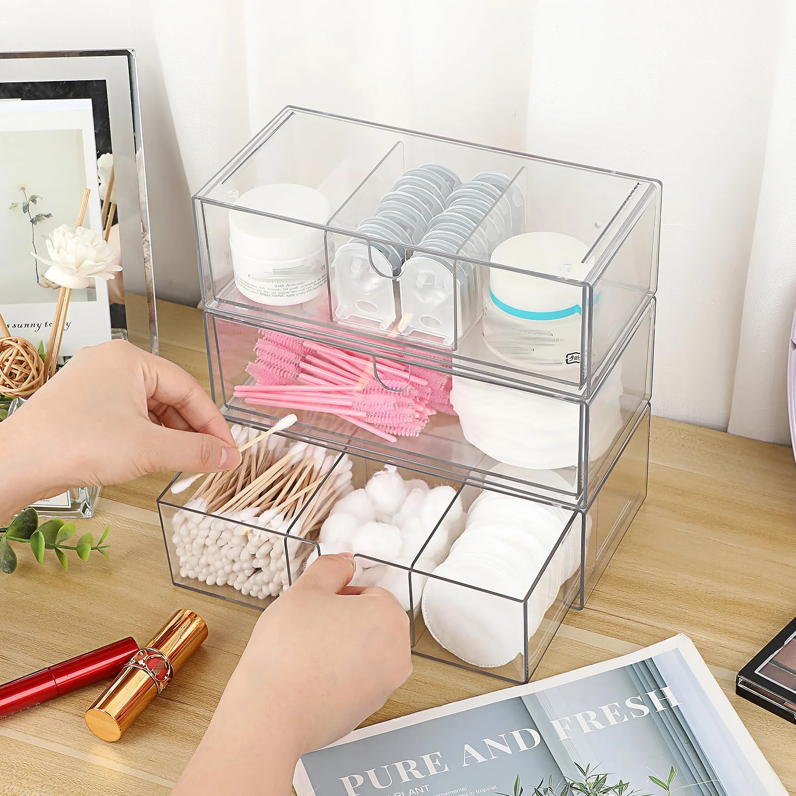 SUMTree Organisateur de tiroirs transparent plastique 3 tiroirs Boîte de rangement empilable 21x10x6cm
