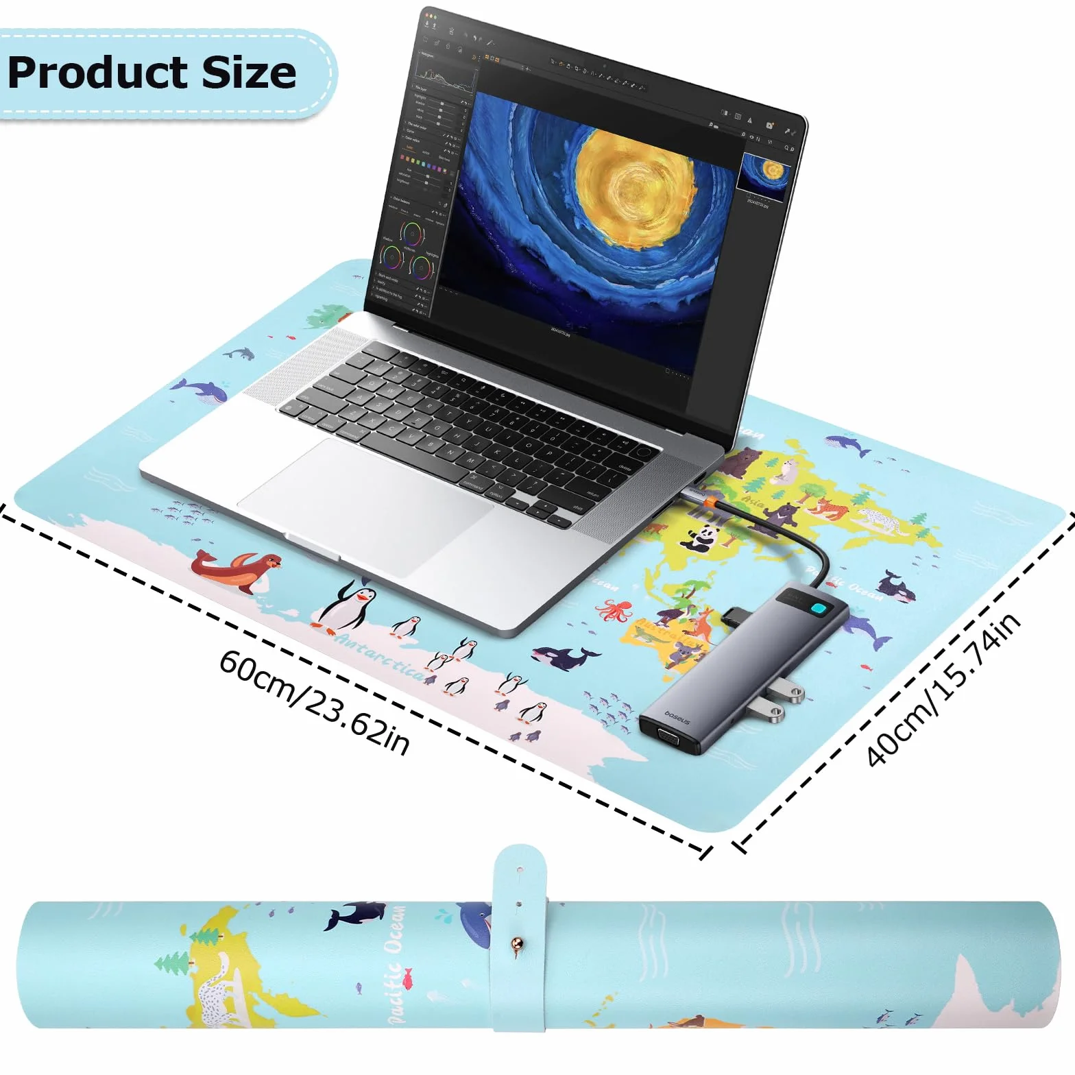 Sous-mains cuir PU Grand Tapis de souris Carte animée continents océans 60 x 40 cm