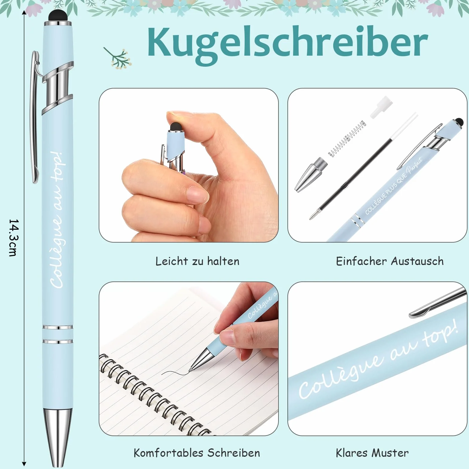 Sinmoe Cadeau Collègue de Travail Femme Remerciement Noël Set 3 Pièces Mini Carnet Spirale Stylo Bille Porte-Clé Départ Retraite Bleu Brume