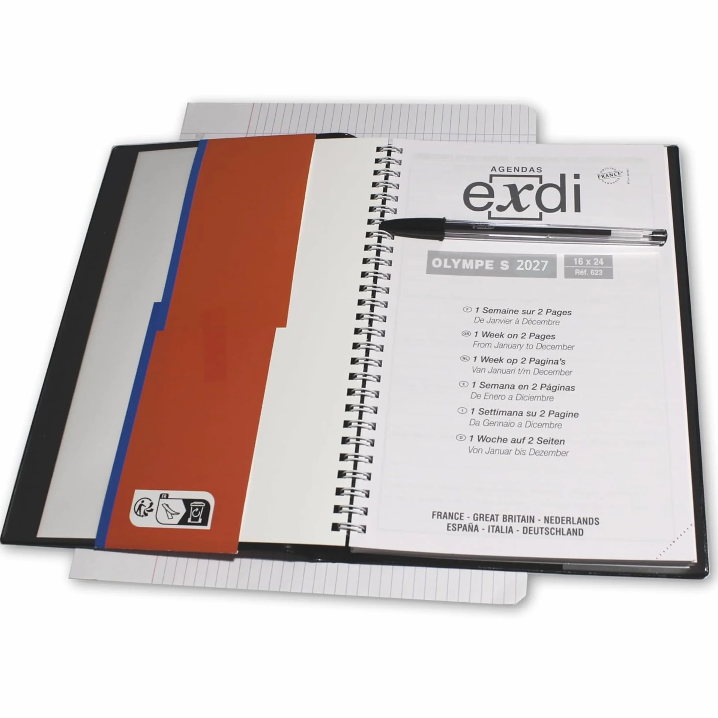 Agenda 2027 Semainier Spirale 16 x 24 cm 1 Semaine sur 2 Pages France Couverture PVC
