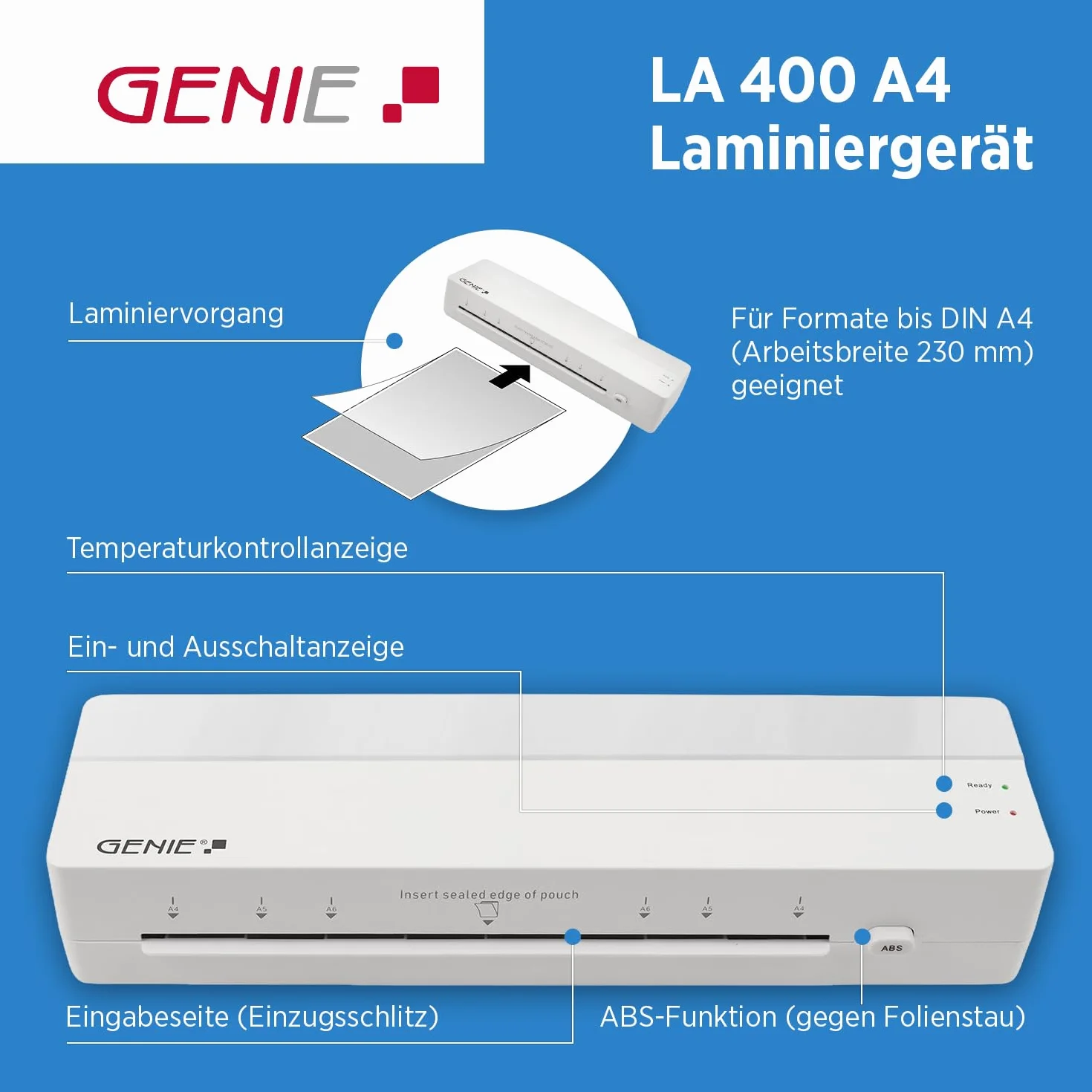 GENIE LA 400 Plastifieuse A4 à chaud 2 rouleaux chauffants Machine à plastifier