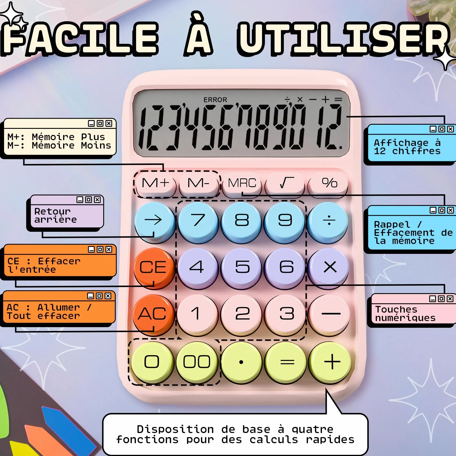 Calculatrice Rose Zeno – Calculatrice de Bureau Grandes Touches 12 Chiffres