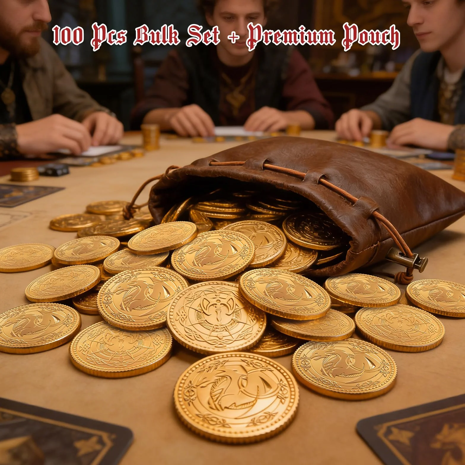 Dragon Yue DND pièces en métal dorées lot de 100 avec pochette en cuir, ensemble de trésor pour donjons et dragons accessoires RPG