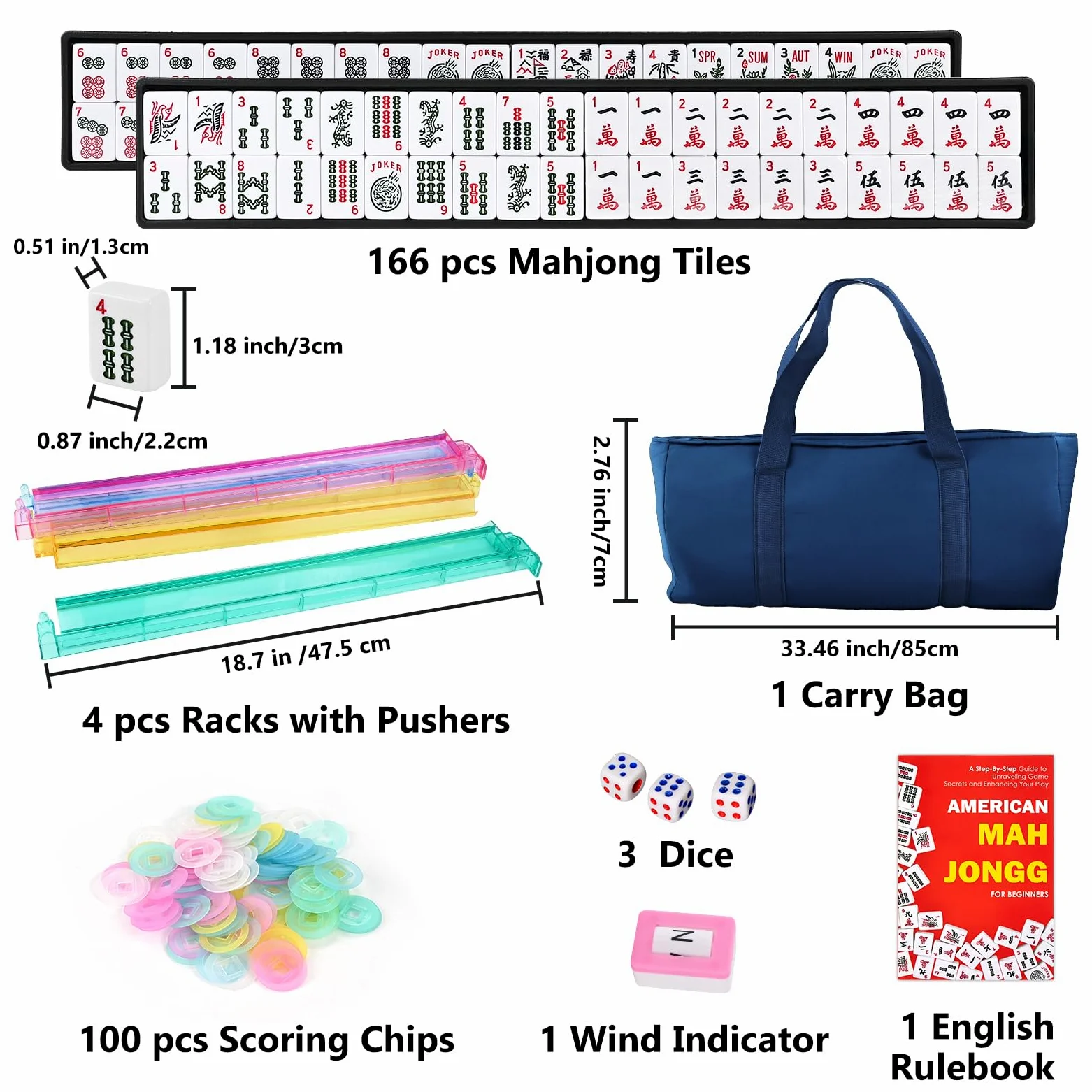 Goldge Ensemble de mahjong américain – 166 carreaux de mahjong blancs | 4 supports de couleur tout-en-un avec poussoirs, 3 dés, sac de transport bleu portable - Ensemble complet de jeu de Mahjong
