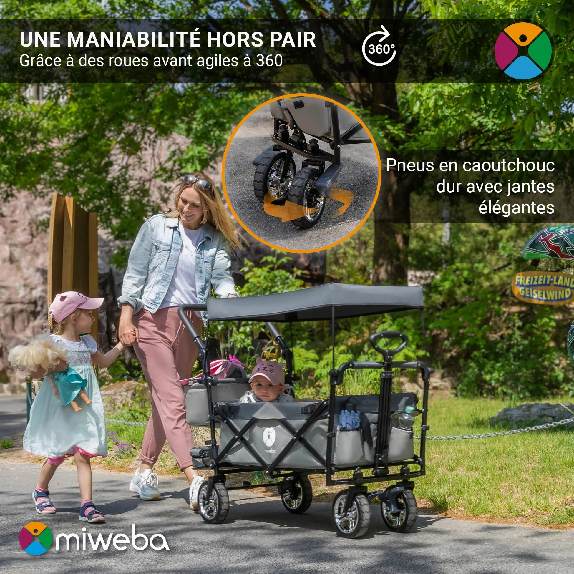 Miweba Chariot pour Enfants MB-20 - Chariot Pliable - Système de Harnais à 2X 3 Points - Frein de Stationnement - Roues en Caoutchouc Dur - Pare-Soleil avec Protection UV (Gris)
