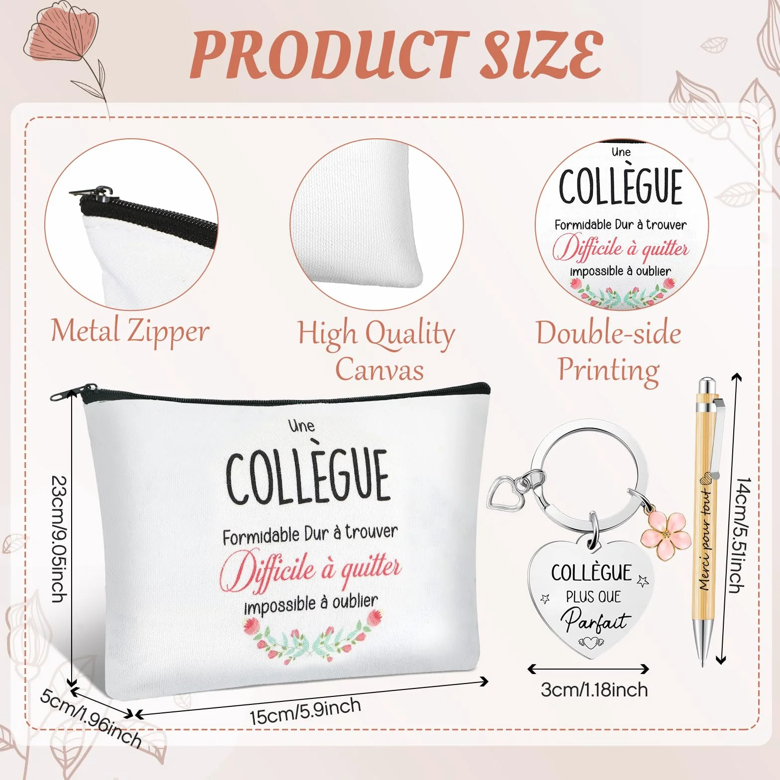 Hestya Set Cadeau Départ Collègue Femme 4 Pièces Pochette Maquillage Carnet Spirale Porte-Clés Stylo Bille