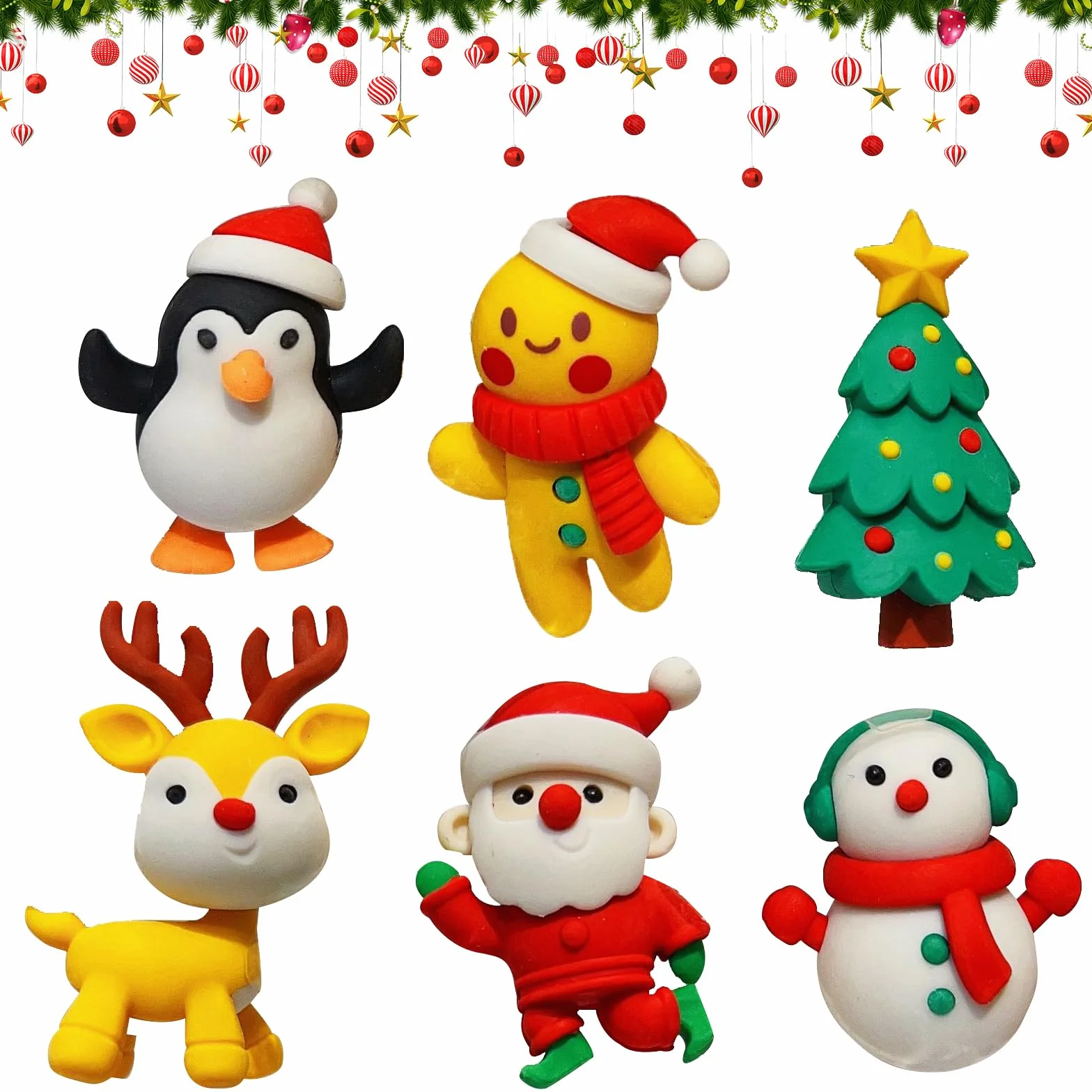 Gukasxi Lot de 6 gommes de Noël fantaisie en forme de dessin animé, ensemble de gommes en caoutchouc mignonnes en forme de puzzle