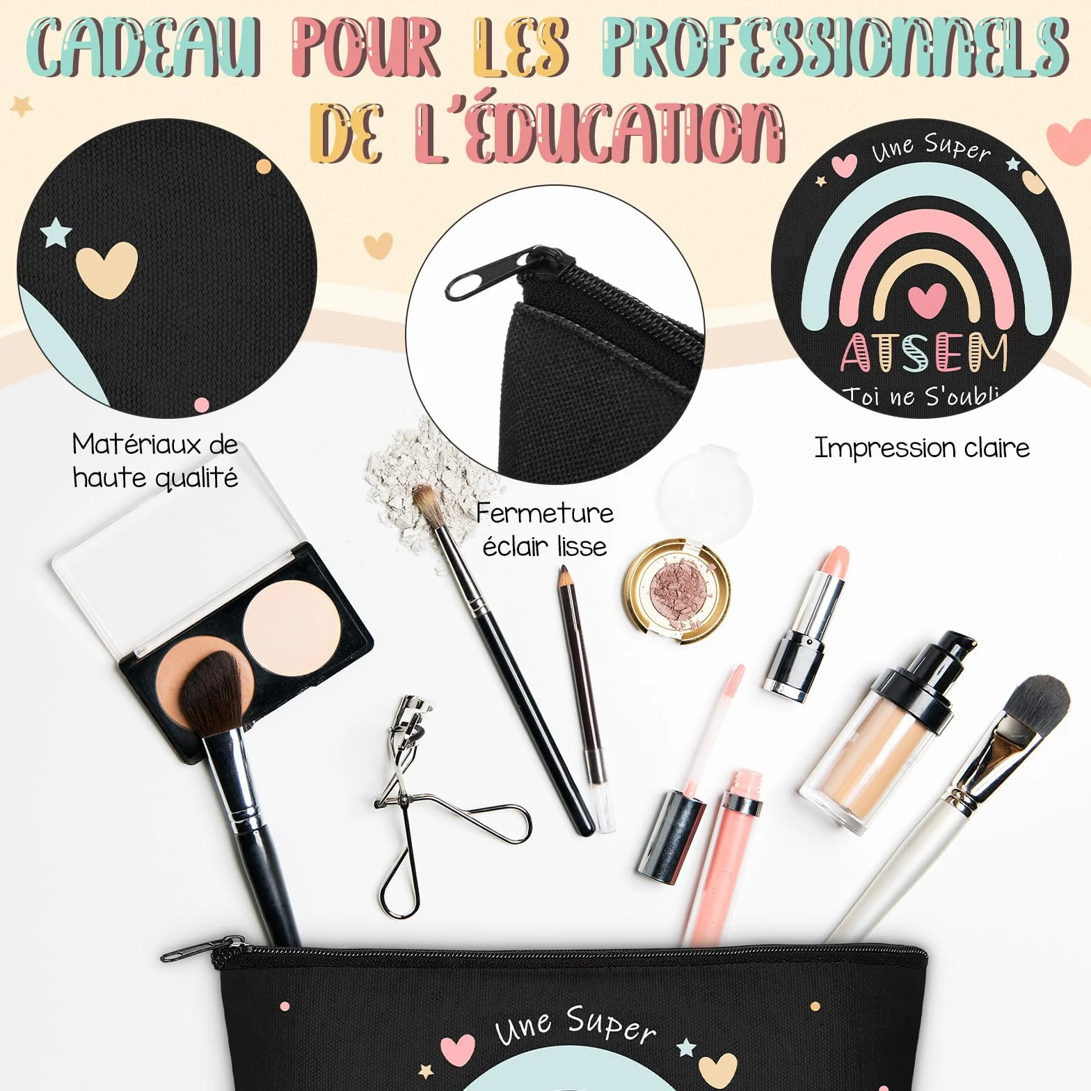 Coffret Cadeau ATSEM 3 Pièces Trousse de Maquillage Porte-Clés Stylo à Bille
