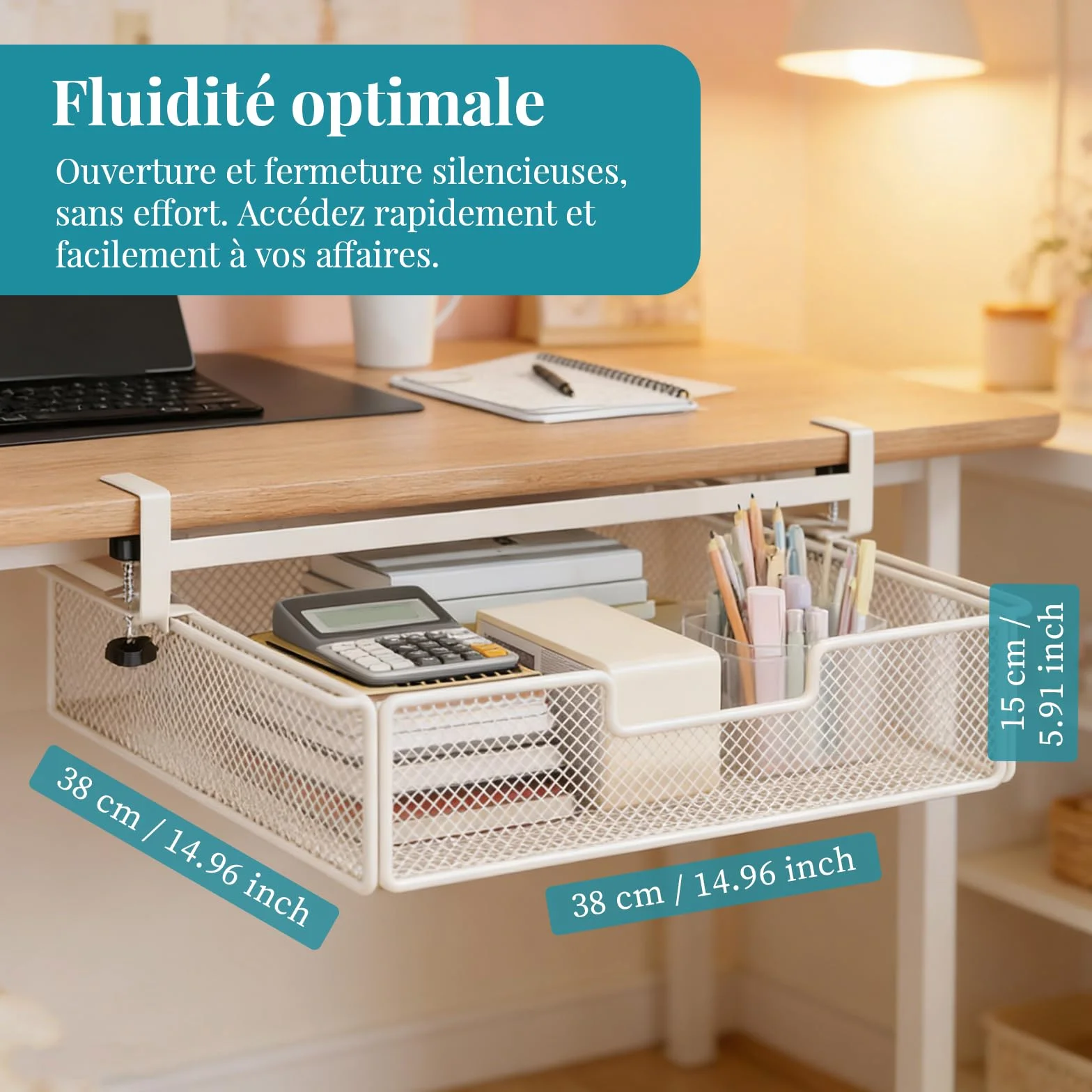 Milageto Panier de Rangement sous Tiroir de Bureau, Grande Capacité, Fer, Blanc