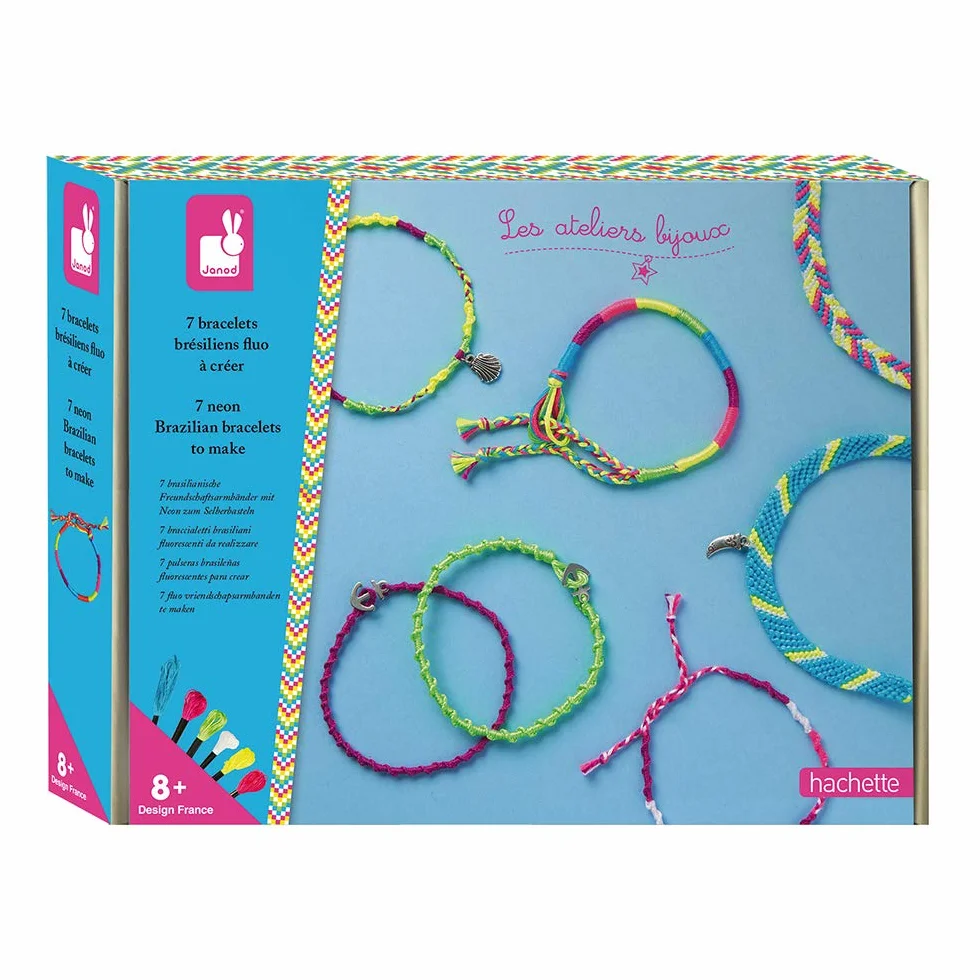Janod Coffret 7 Bracelets Brésiliens Fluo à Créer - Kit Loisir Créatif Enfant dès 8 ans - Motricité Fine et Créativité