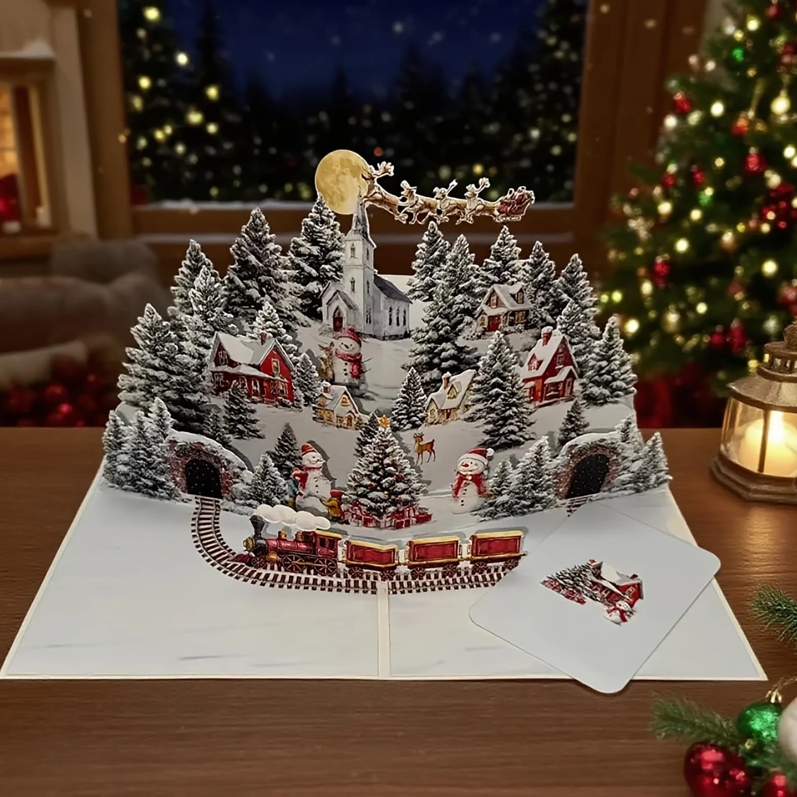 3D Carte de Noël Pop-Up avec Père Noël et Rennes, Enveloppe Incluse