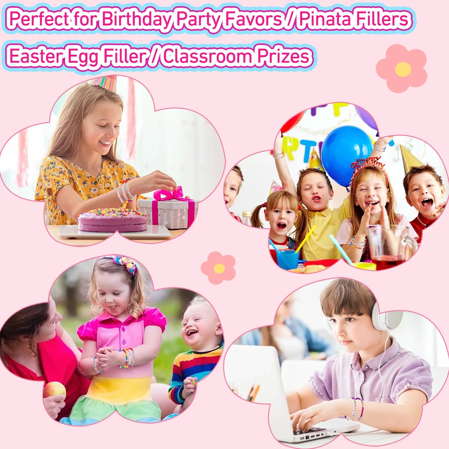 Bracelets Enfant Perles Princesse Élastiques Réglables Lot 12 Pcs Cadeau Anniversaire Filles
