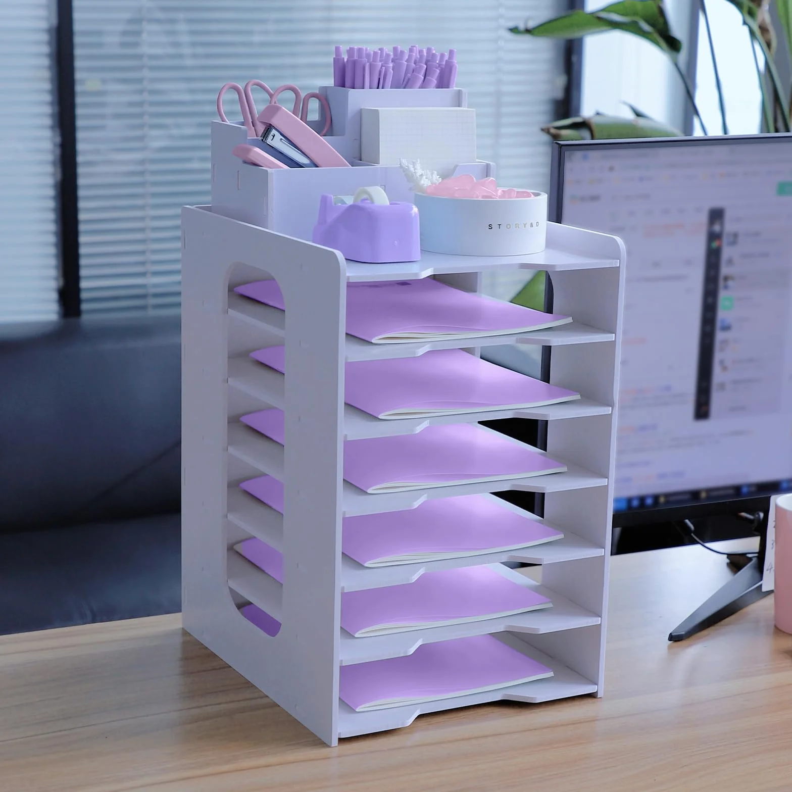 Bac à courrier A4 7 niveaux, organiseur de bureau empilable avec porte-stylo blanc