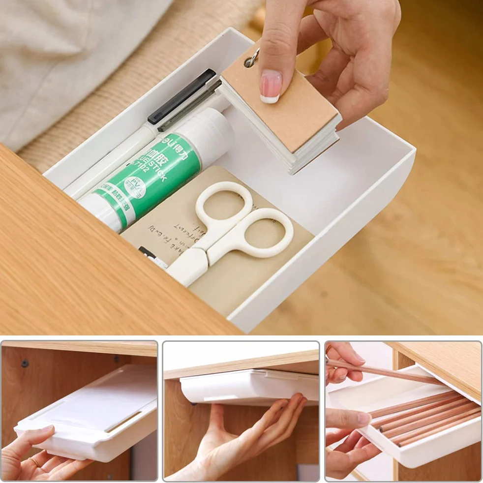 Lot de 2 tiroirs Autocollants sous Bureau Organiseur de Bureau Rangement à Crayons Invisible