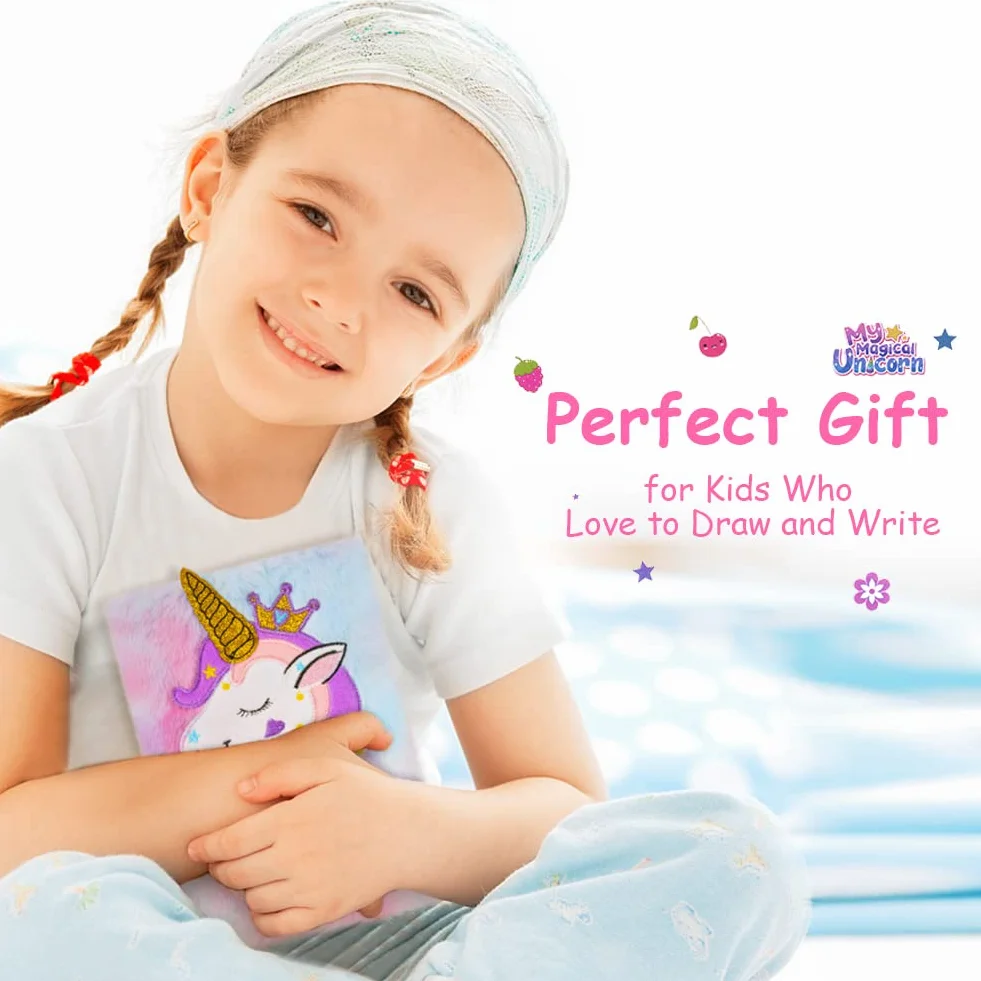 OFFCUP Journal Intime Fille Crown Unicorn Carnet Secret en Peluche 160 Pages A5 avec Stylo et Autocollants