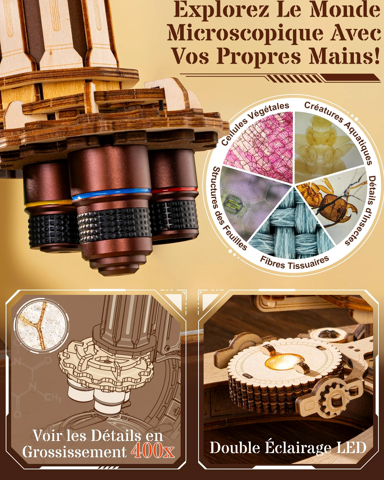 ROKR Puzzle en Bois 3D Microscope Fonctionnel ST005, kit modèle mécanique | Grossissement de 400x éclairage LED réglable Cadeau STEM