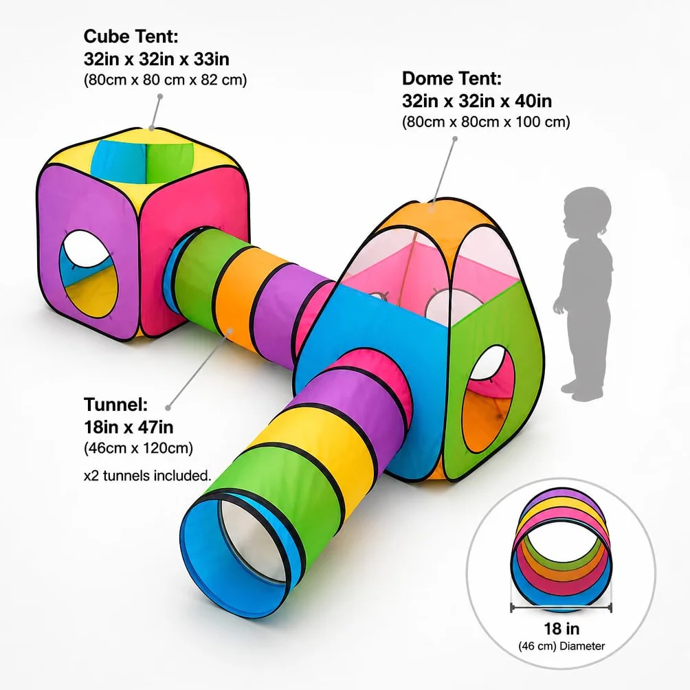 Pop Up Jouer Tente avec Tunnel, Balle Pit pour Enfants, Garçons, Filles, Bébés - Playhouse Intérieur/Extérieur 4 en 1