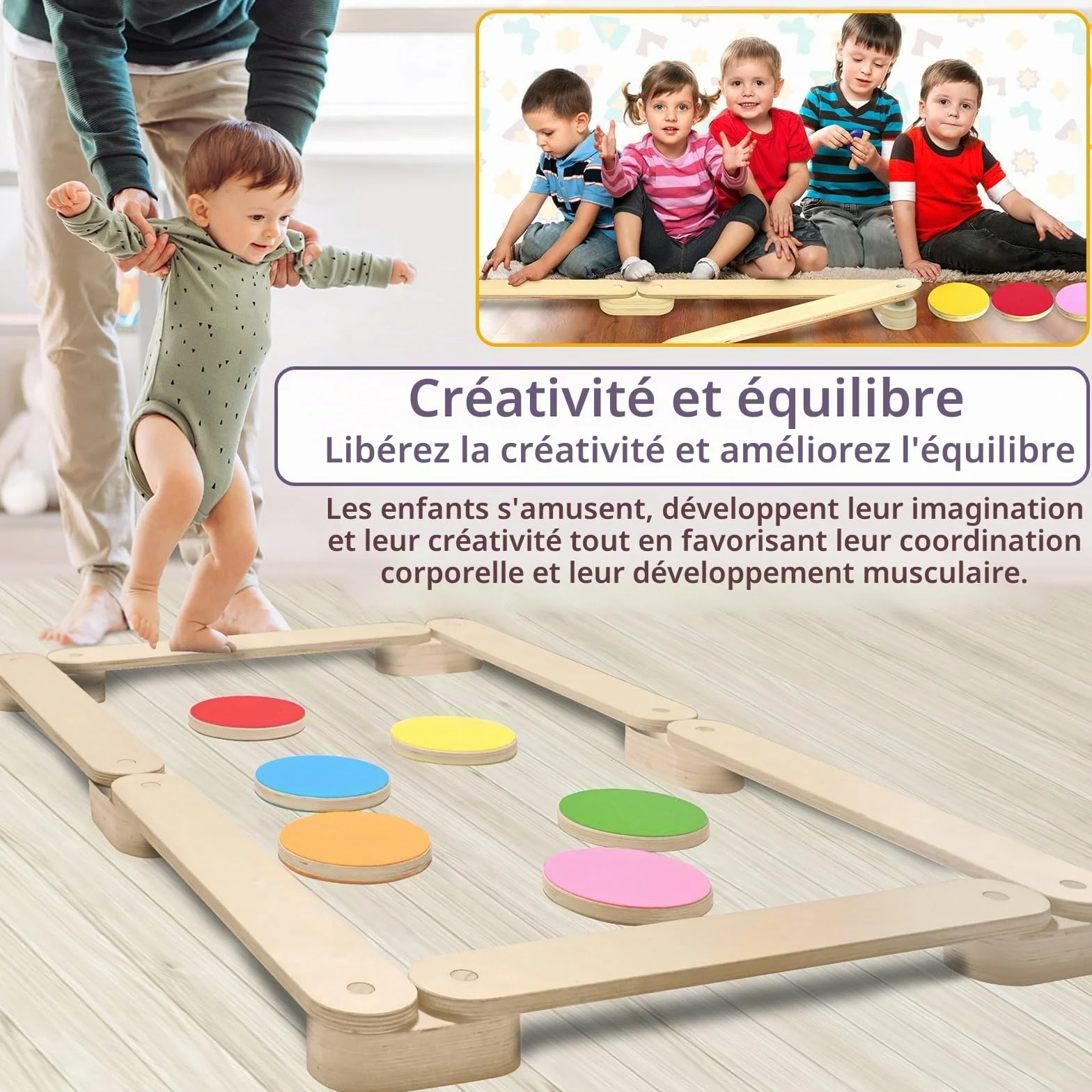 Poutre d'équilibre en bois avec 6 pierres d'équilibre pour enfants, jouet combinable intérieur extérieur à partir de 3 ans