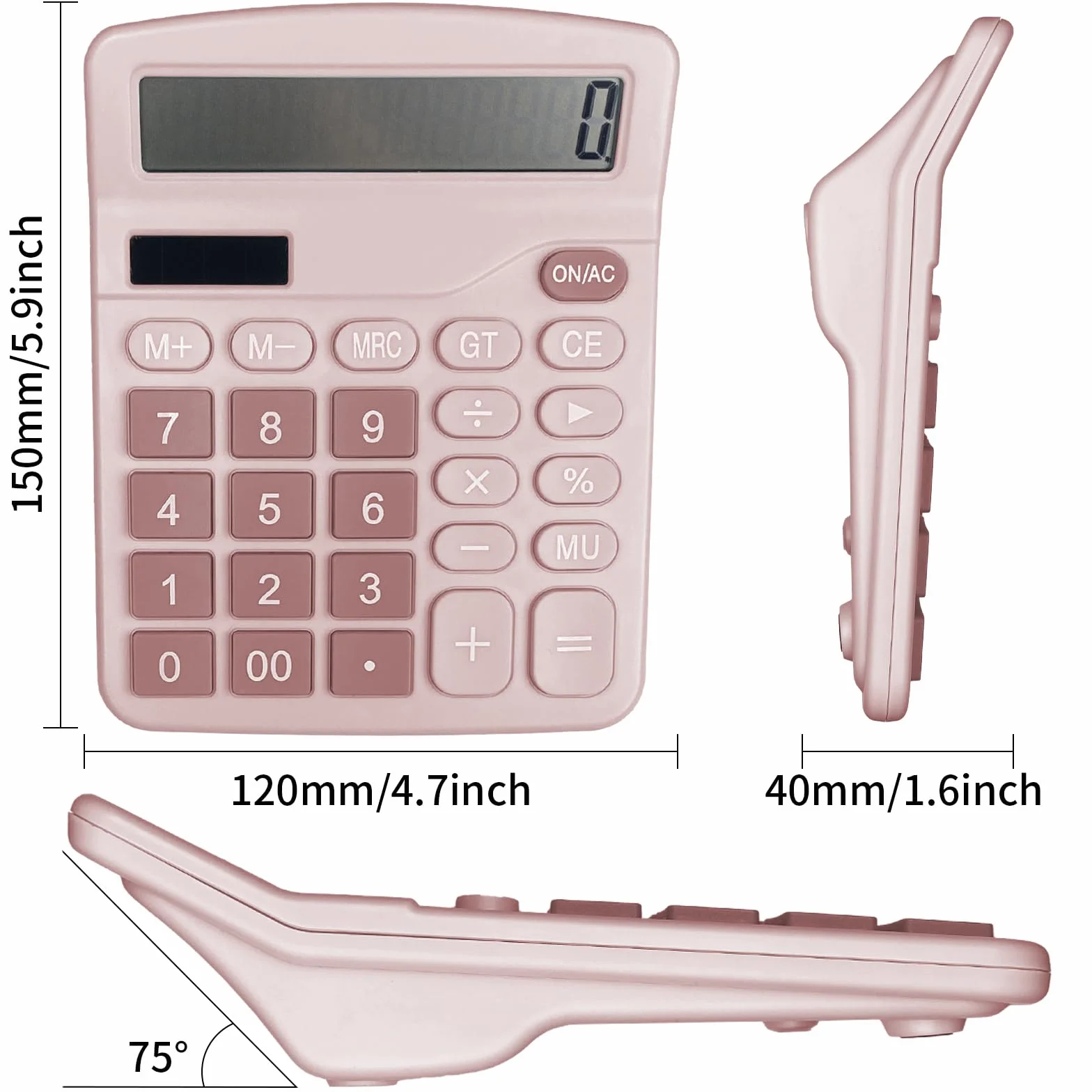 Calculatrice Solaire Grand Écran LCD 12 Chiffres, Mini Calculatrice Standard, Grands Boutons, Rose