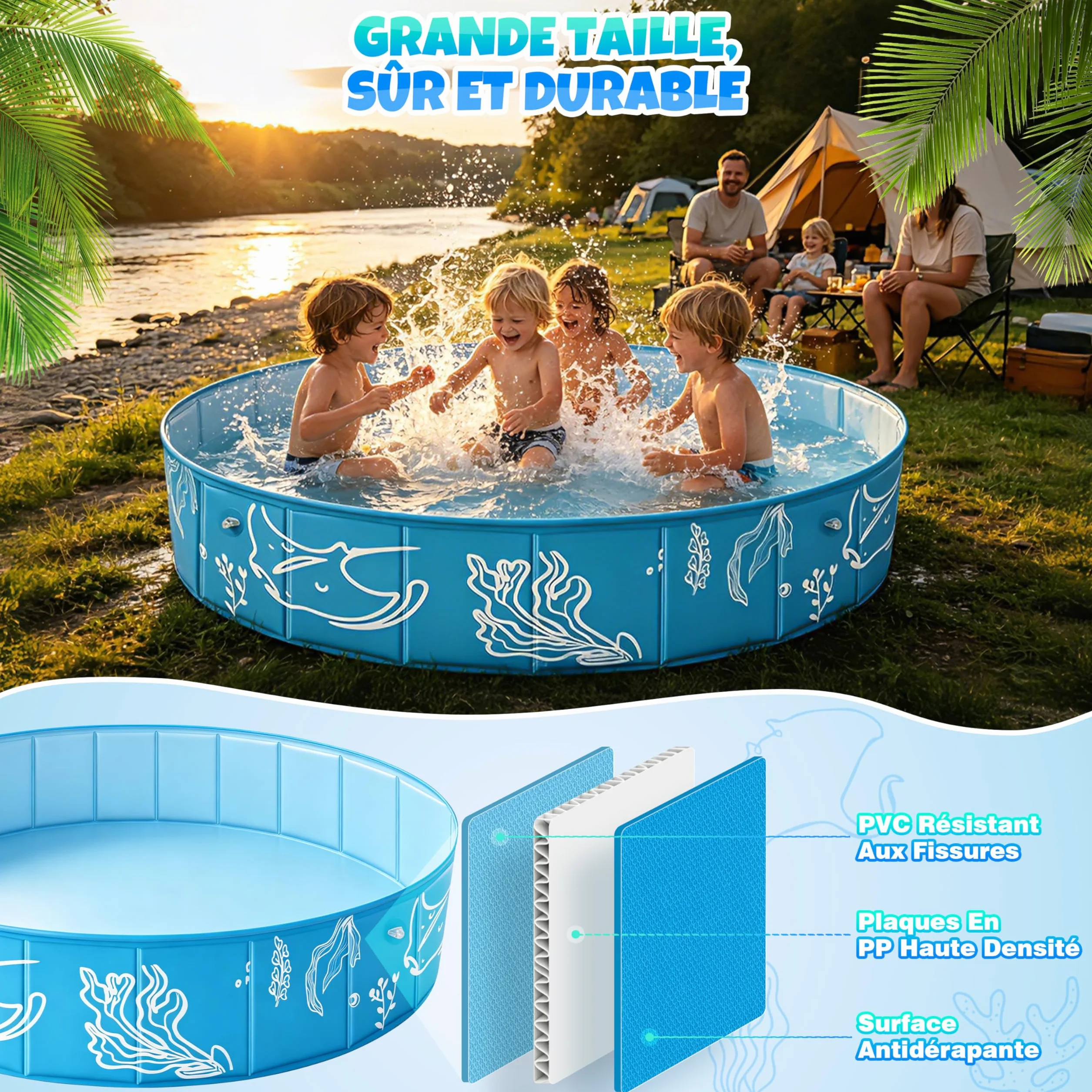 Piscine Bébé 4 en 1 120×30 cm Anti UV SPF50+ avec Auvent Pliable Tente de Plage Pour Jardin