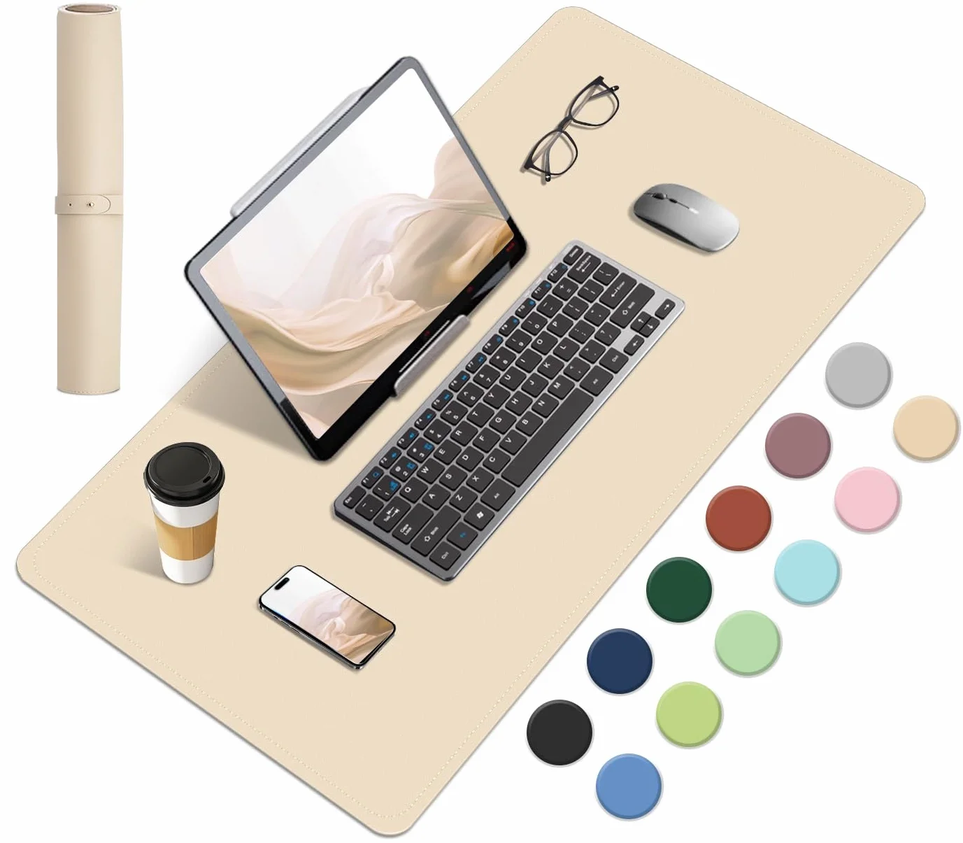 Tapis de Bureau Antidérapant en Liège Naturel et Cuir, Tapis de Souris Large Portable Facile à Nettoyer, Abricot 60x34CM