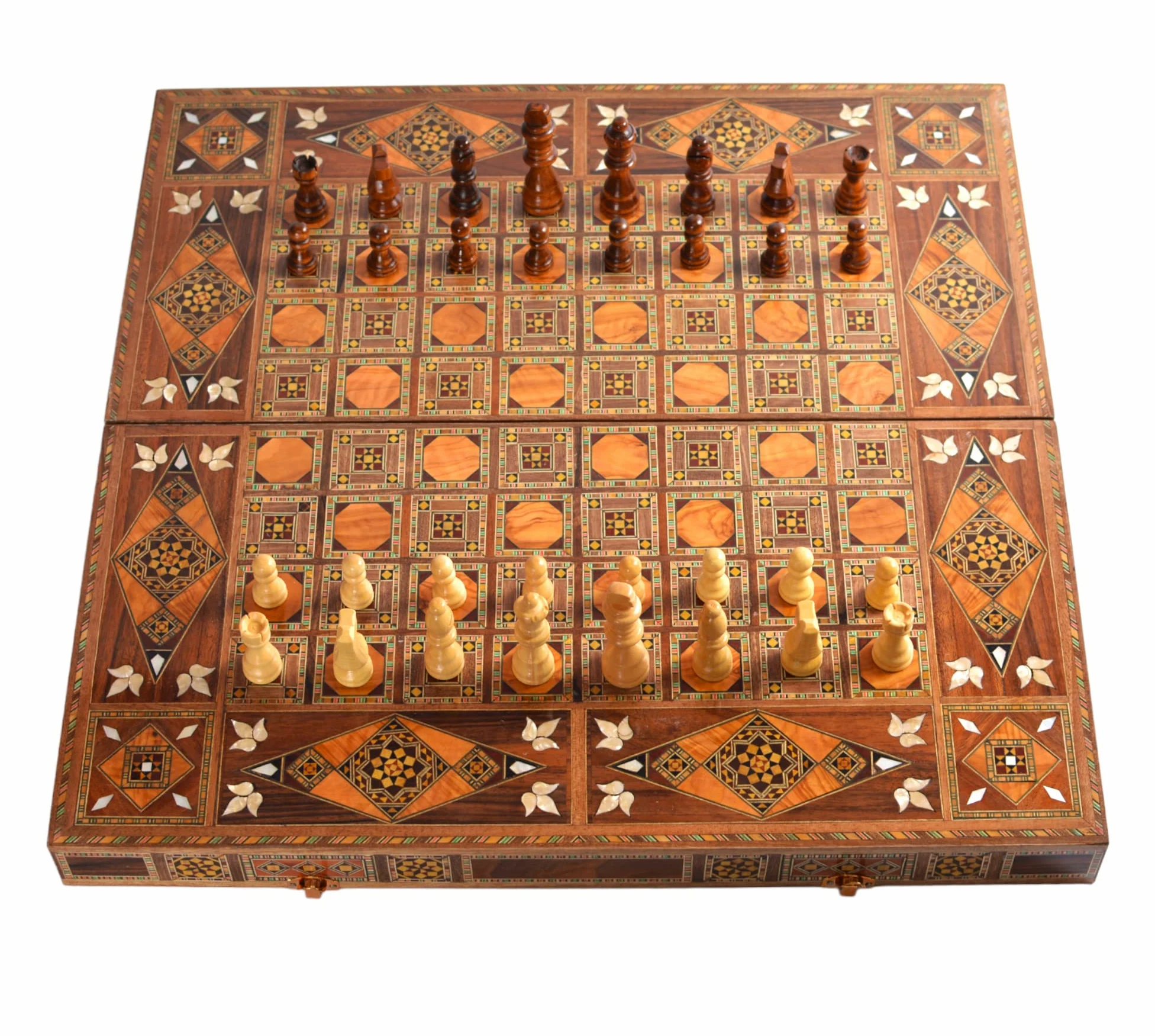 Jeu d’Échecs et Backgammon 2 en 1 en Bois 20’’ – Plateau Fait Main Incrusté de Nacre – Coffret de Luxe Cadeau Artisanat