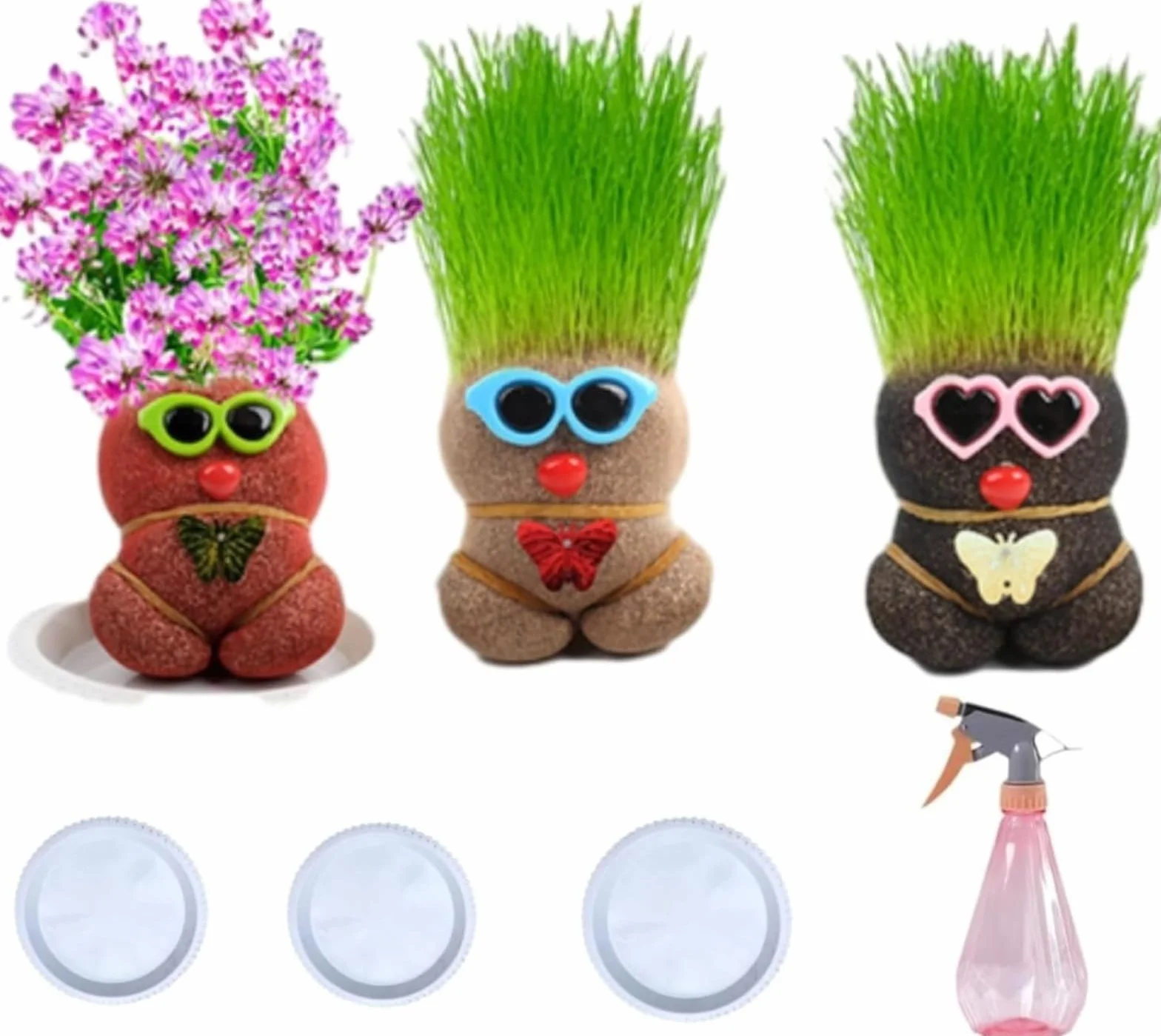 Mini Bonsaï Répulsif pour Moustiques Plante Poupée Tête d'Herbe avec Plateau 3 Pièces