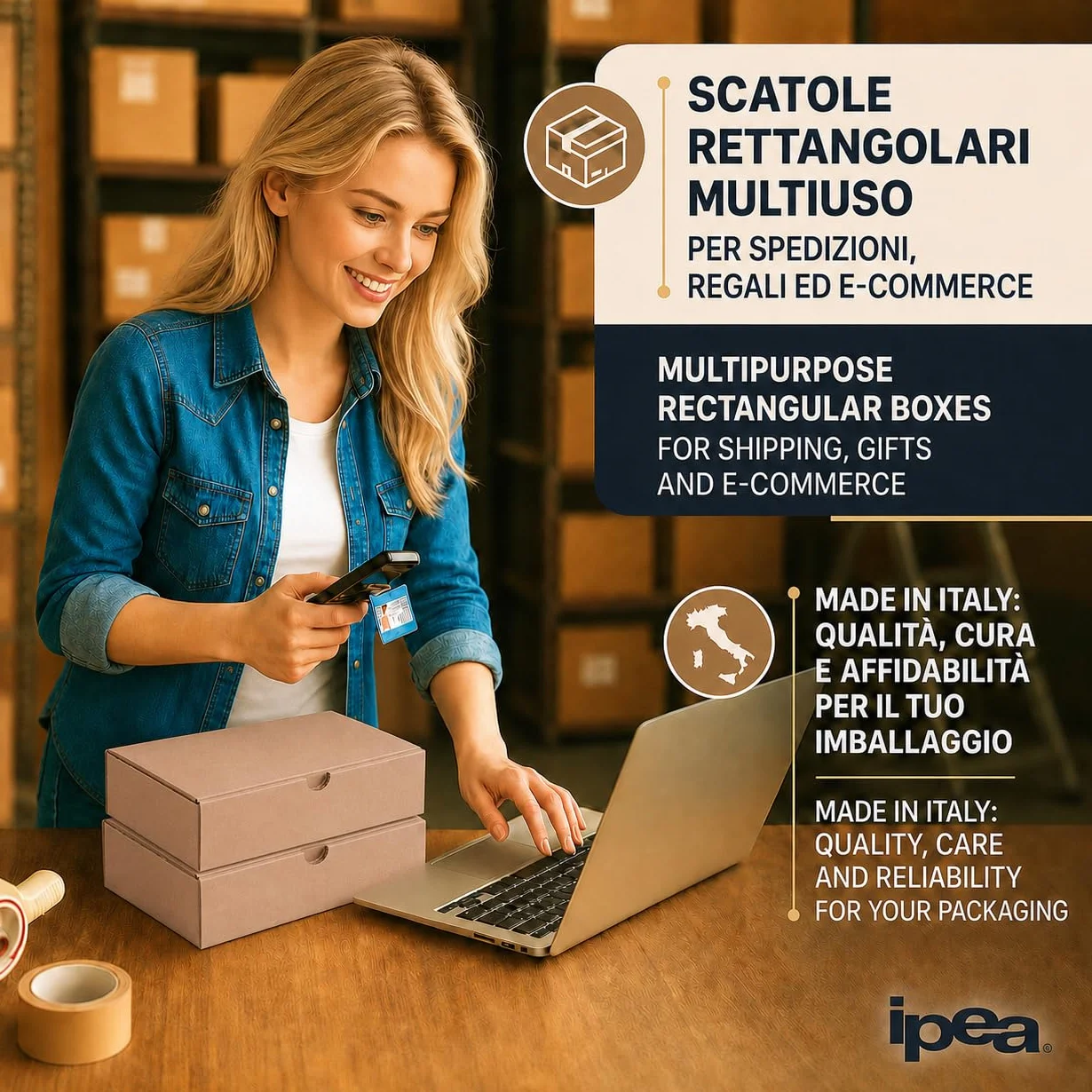 IPEA Boîtes en Carton 21 x 15 x 5 cm 10 Pièces Made in Italy pour Expéditions E-Commerce
