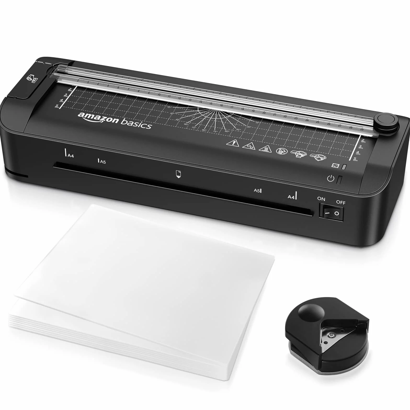Amazon Basics Plastifieuse thermique A4 3 en 1, découpage, perforage, arrondi coins, 10 pochettes, Noir
