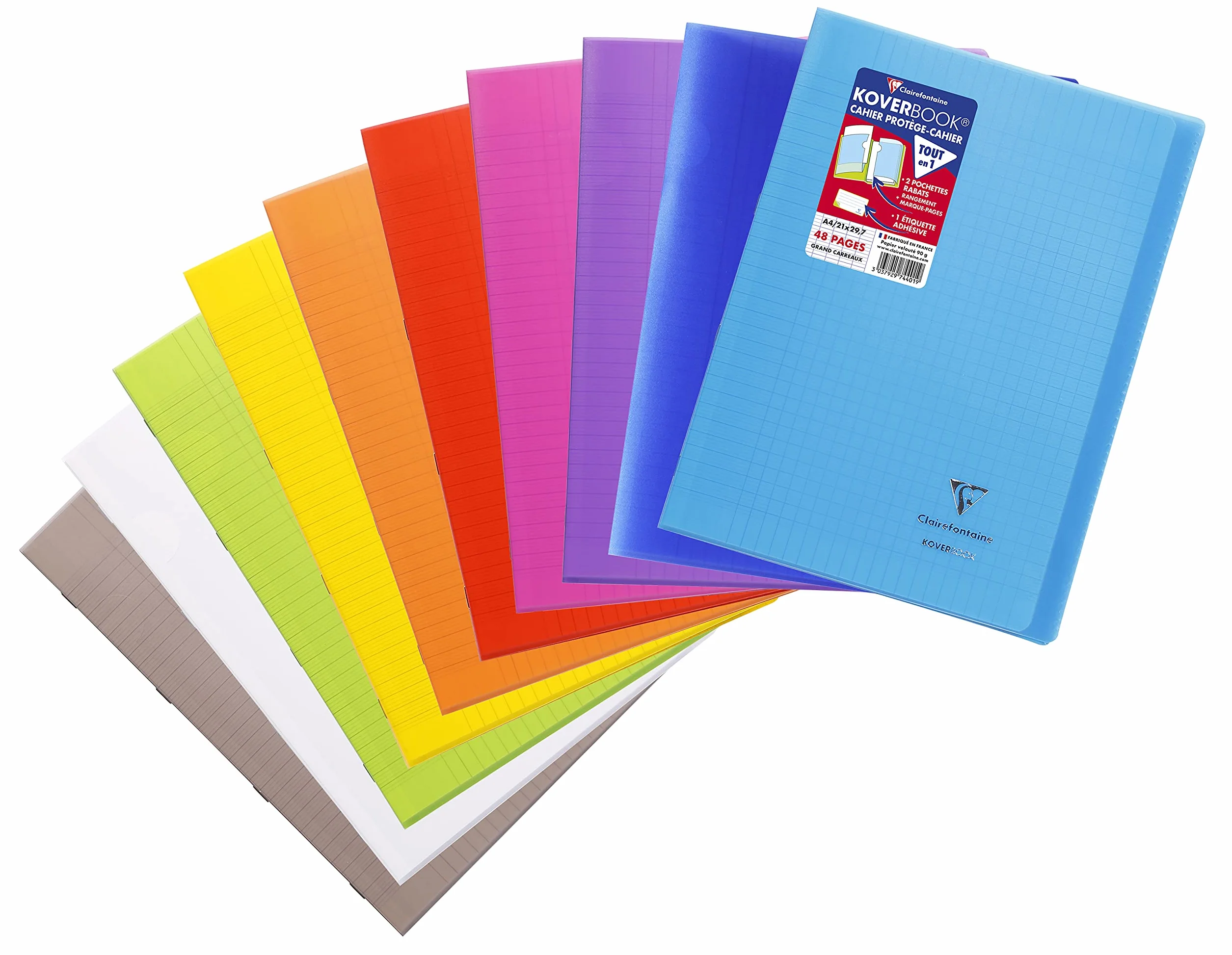 Clairefontaine Koverbook Cahier Agrafé A4 21x29,7 cm 48 Pages Grands Carreaux Papier Blanc 90 g Couverture Polypro