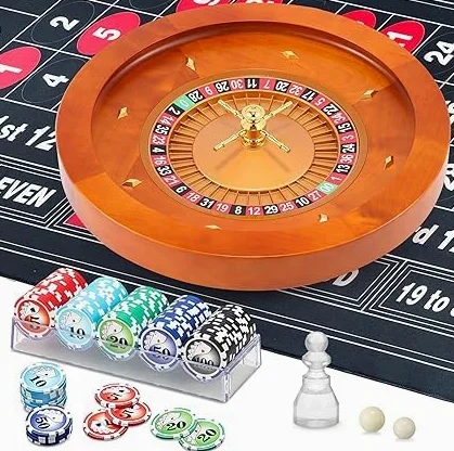 Ensemble de roues de roulette en bois avec nappe de roulette, jetons de poker, marqueur de victoire et deux balles pour s'amuser en famille et en fête