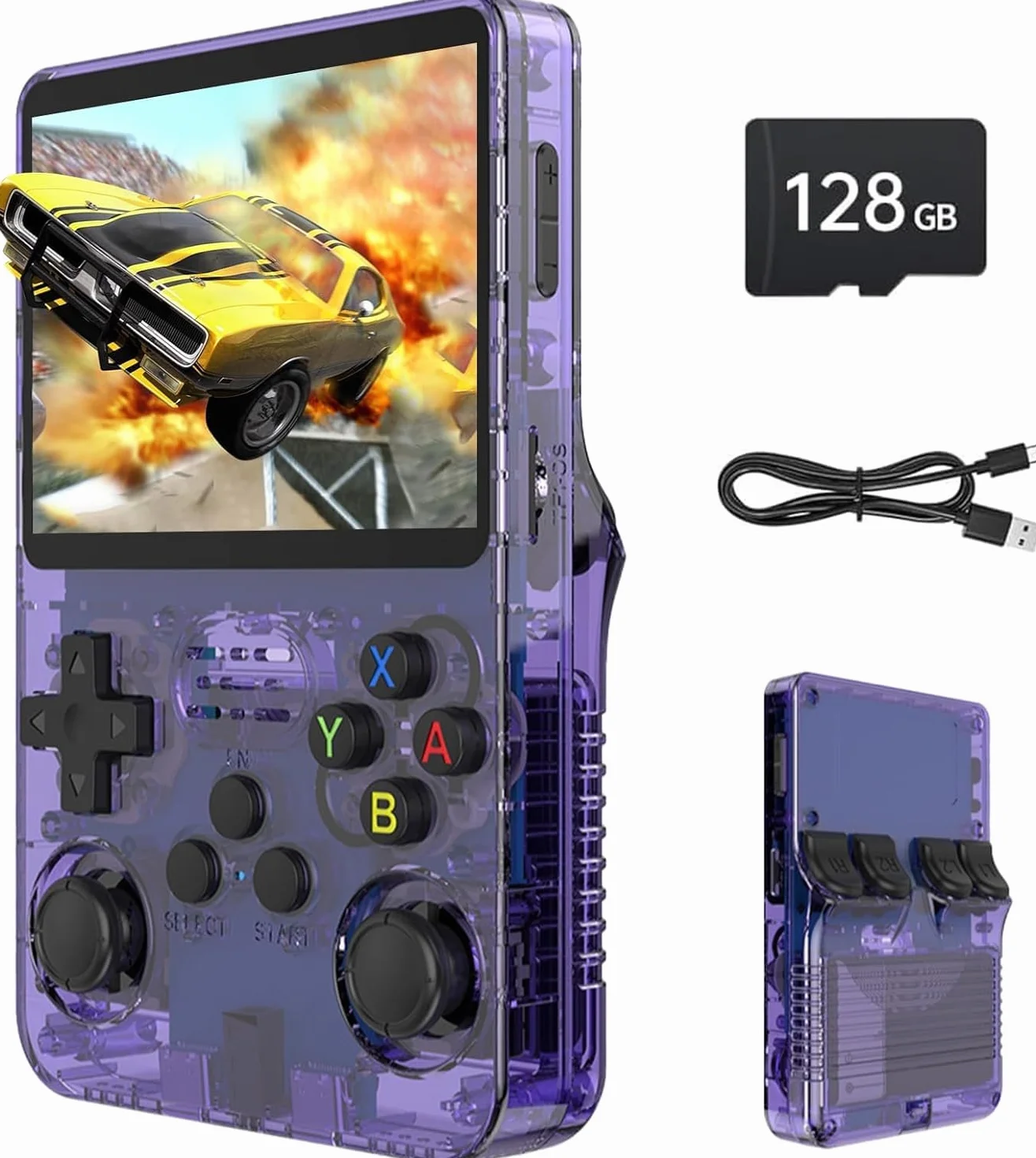 Console de Jeu Portable Rétro R36S 128 Go 40000 Jeux Classiques Linux Écran HD IPS 3,5 Pouces Violet