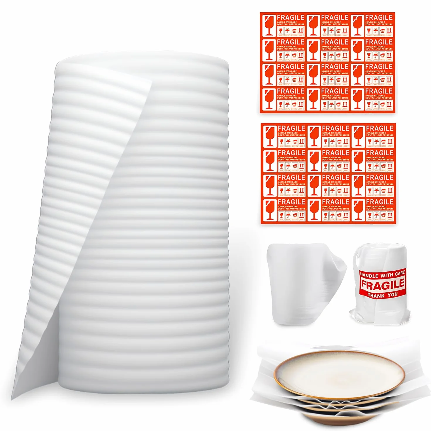 Papier Bulle Déménagement Carton Feuilles Mousse avec Étiquettes Vaisselle Plats Assiettes Verres Emballage 30cm x 20m