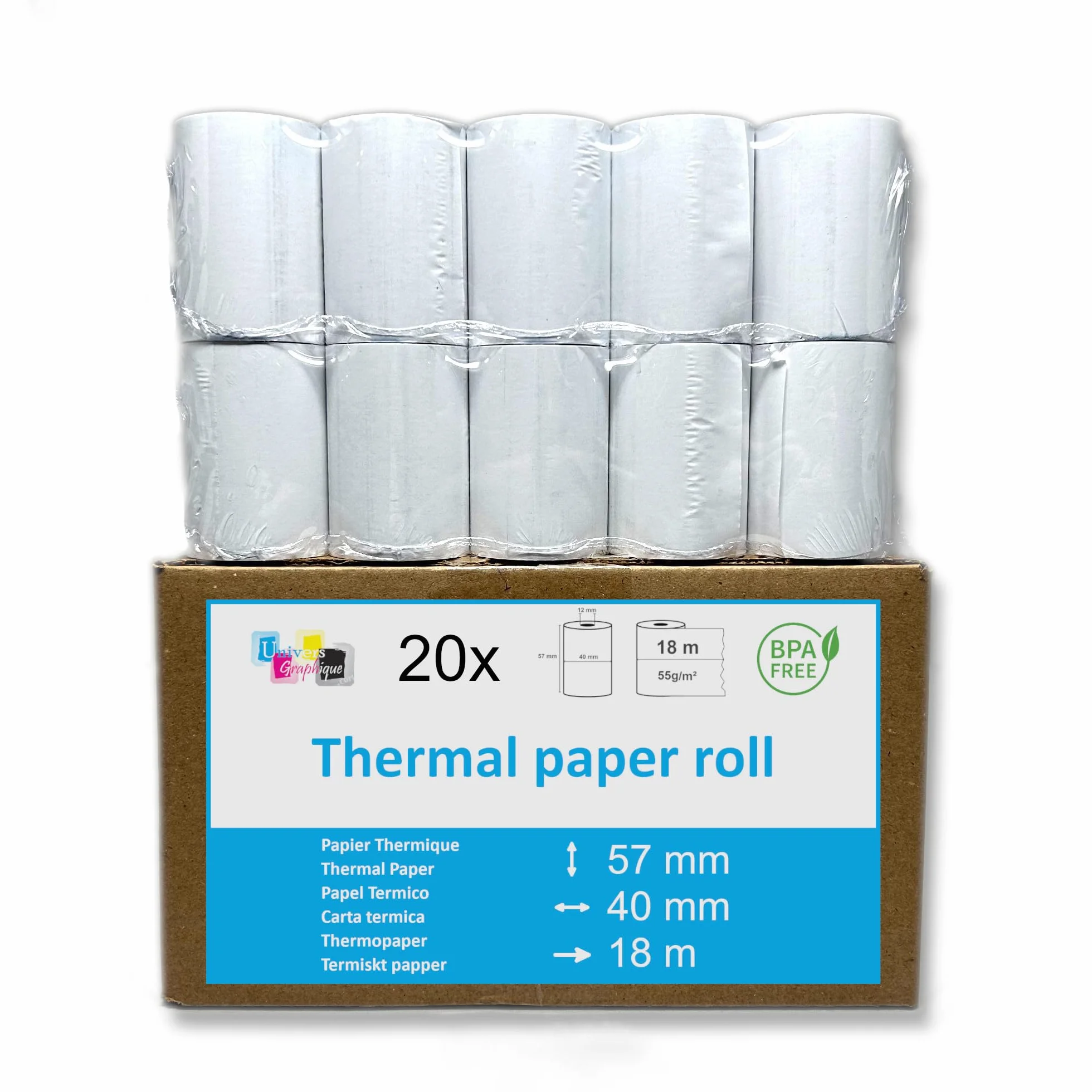Papier thermique 57 x 40 x 12 rouleaux 20 pièces pour terminal de paiement TPE
